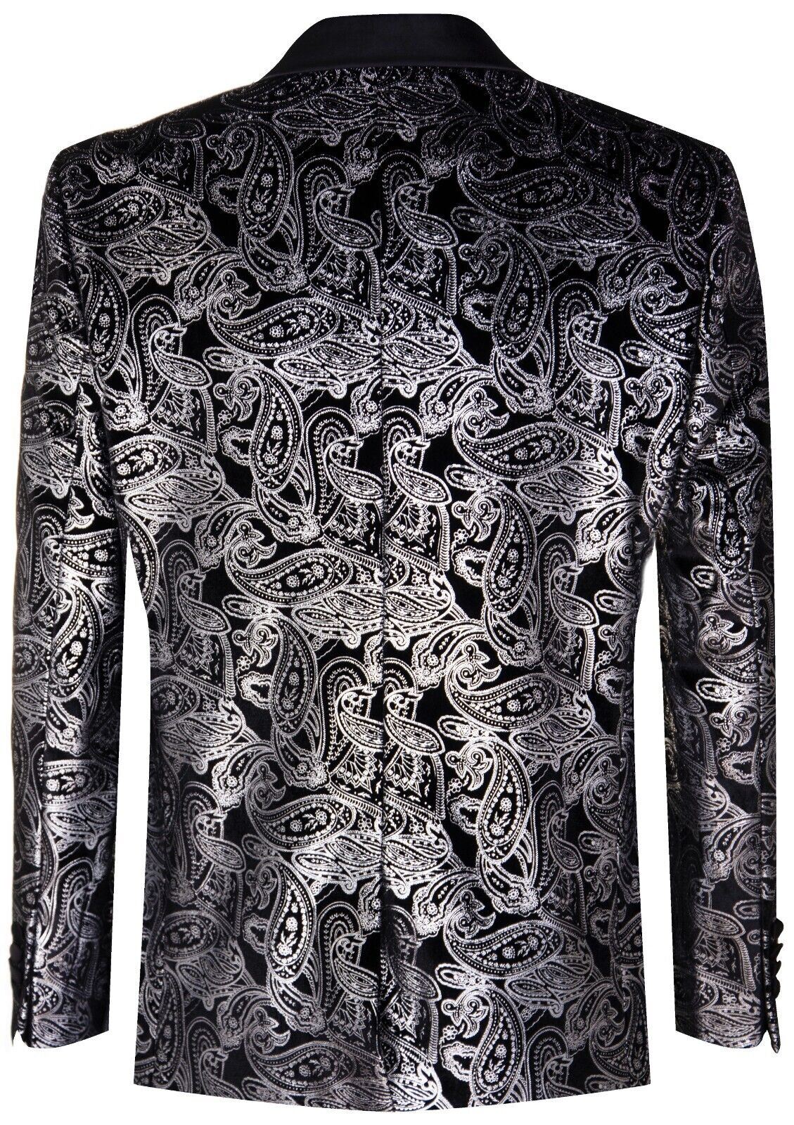 Mens Classic Silver Paisley Black Velvet Tuxedo Dinner Jacket Tailored Blazer