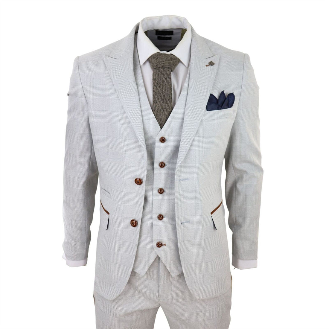 Mens Grey Stone 3 Piece Tweed Check Suit - Upperclass Fashions 