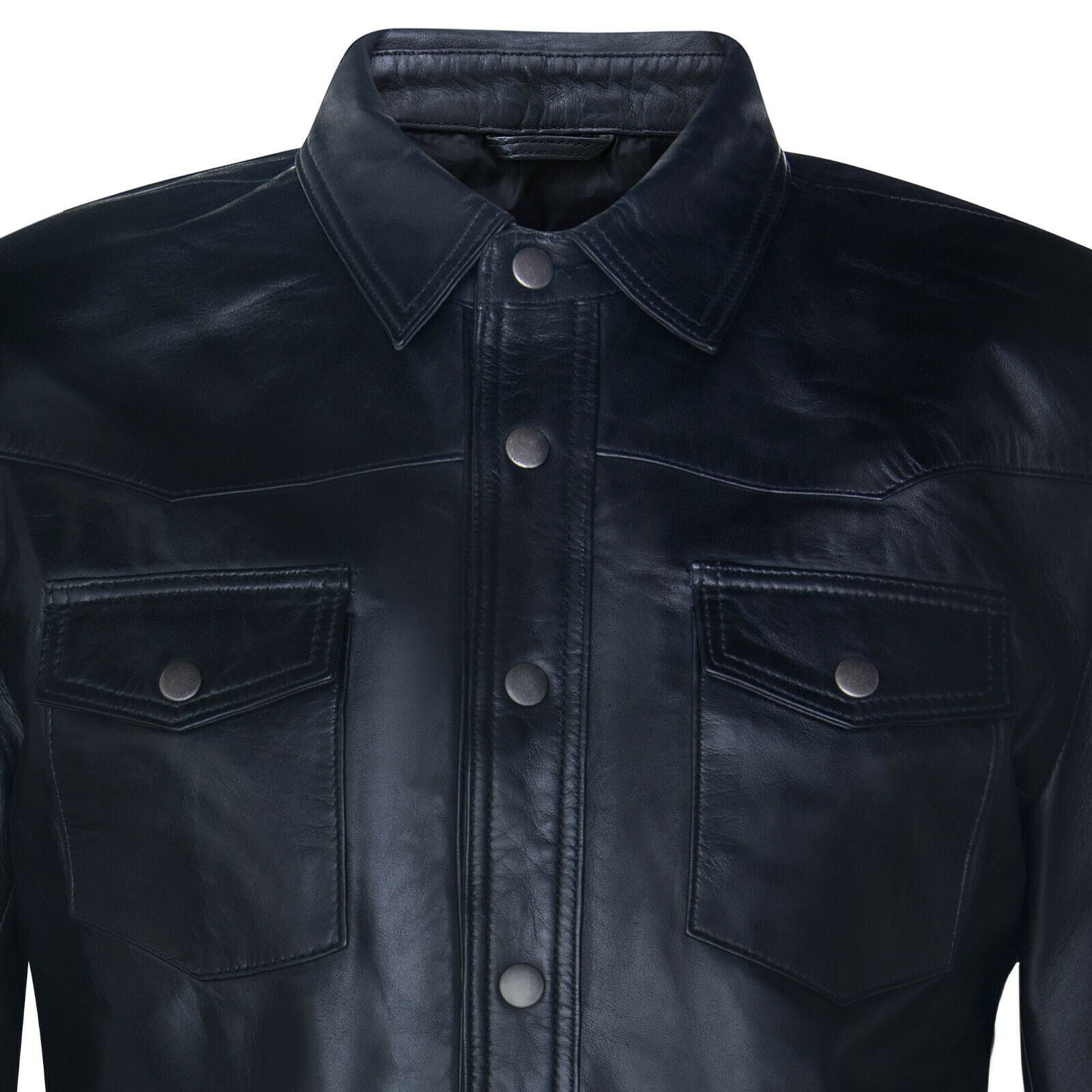 Mens Retro Denim Leather Shirt Jacket-Dorking