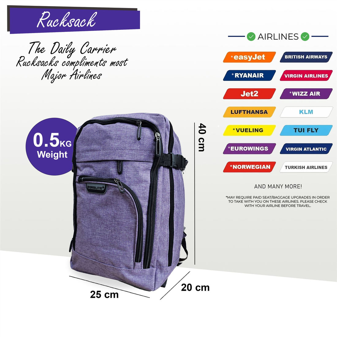Backpack Rucksack 40x20 x25 cm Underseat Travel Cabin Bag for Easy Jet, Ryanair Lilac