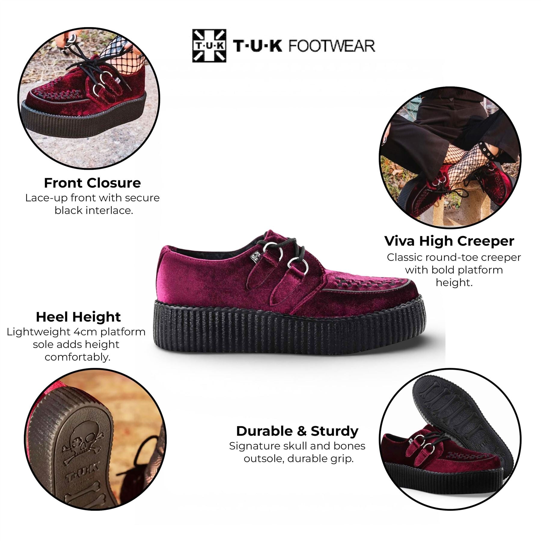 TUK Viva High Creeper Burgundy Velvet Platform Lace-Up Goth Shoes - AV6802