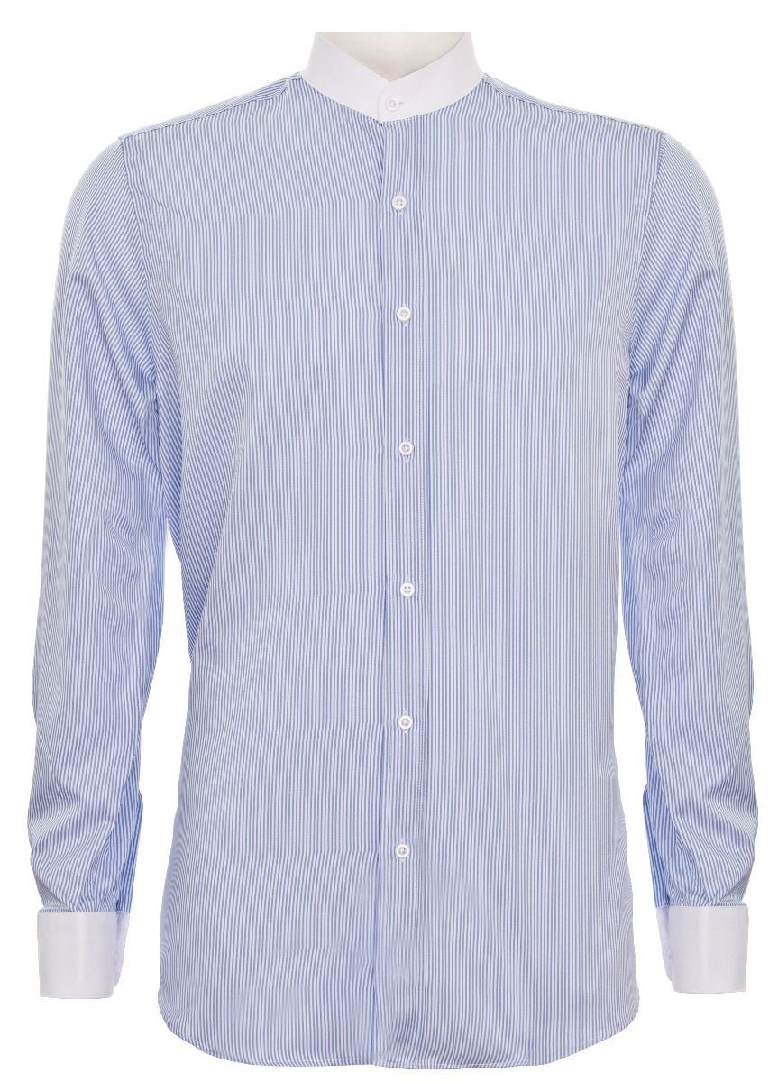 Mens Peaky Blinders Removable Collar Nehru Light Blue Striped Collarless Shirt