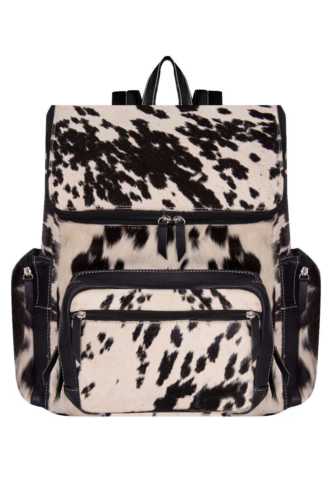 Deluxe Black Leather Backpack Bag Genuine Cowhide &amp; Cow Fur Travel Rucksack - Upperclass Fashions 