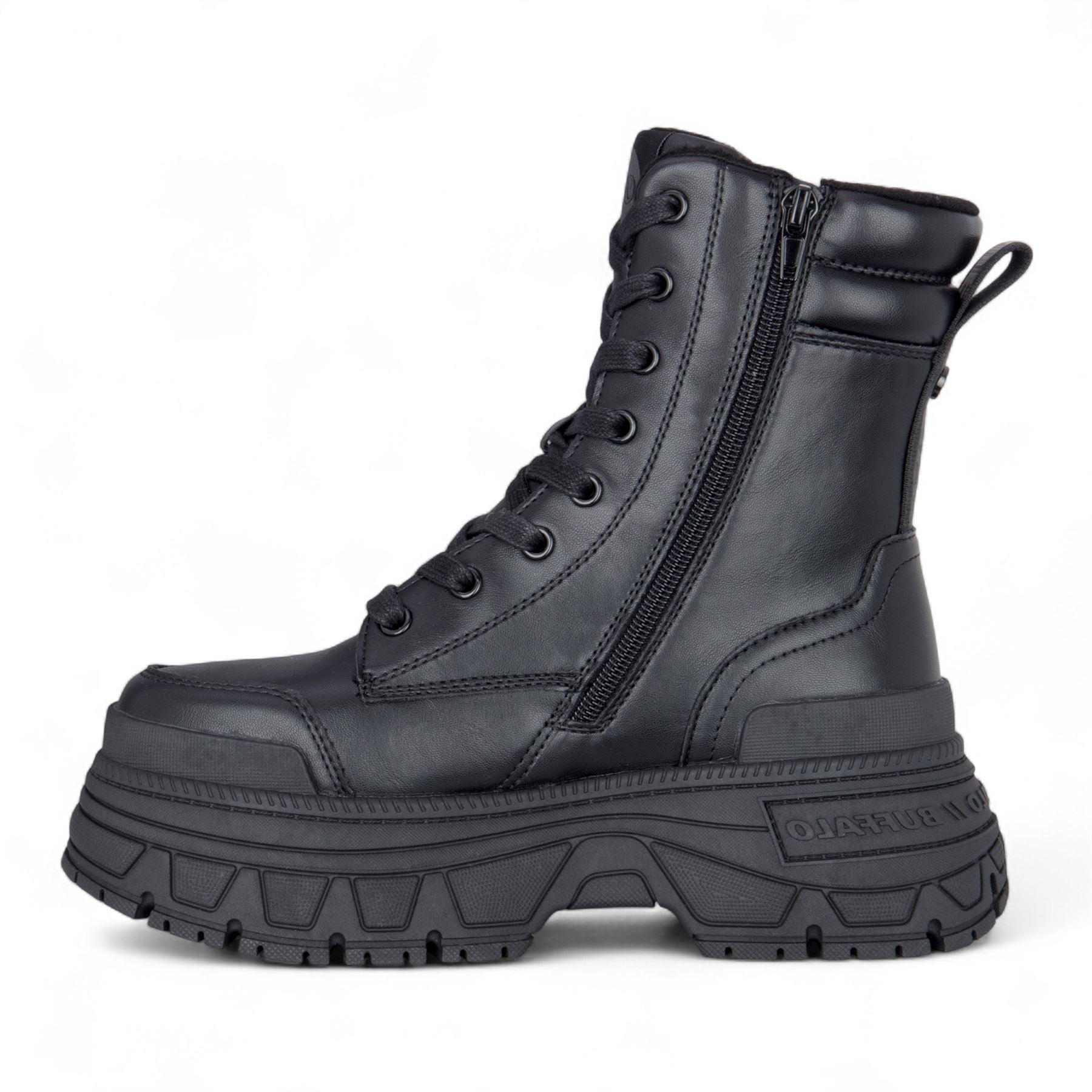 Buffalo Womens Black Chunky Platform Lace Up Mid High Combat Boots - Fusion