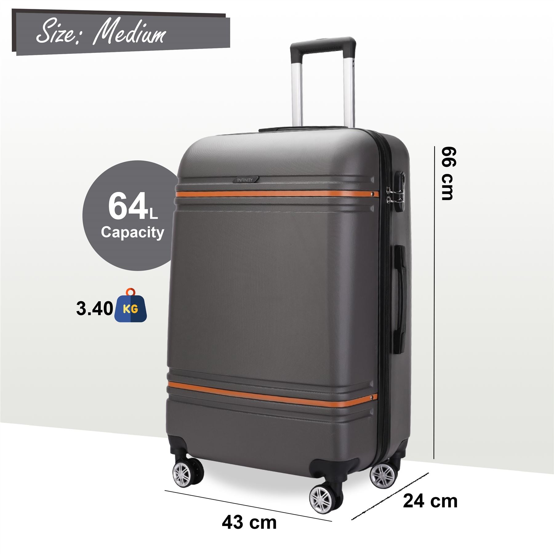 Calgary Medium Hard Shell Suitcase in Charcoal Black