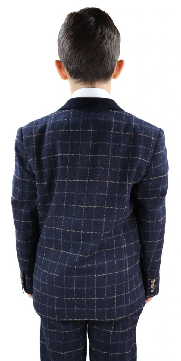 Boys 3 Piece Navy Blue Tweed Check Classic Suit