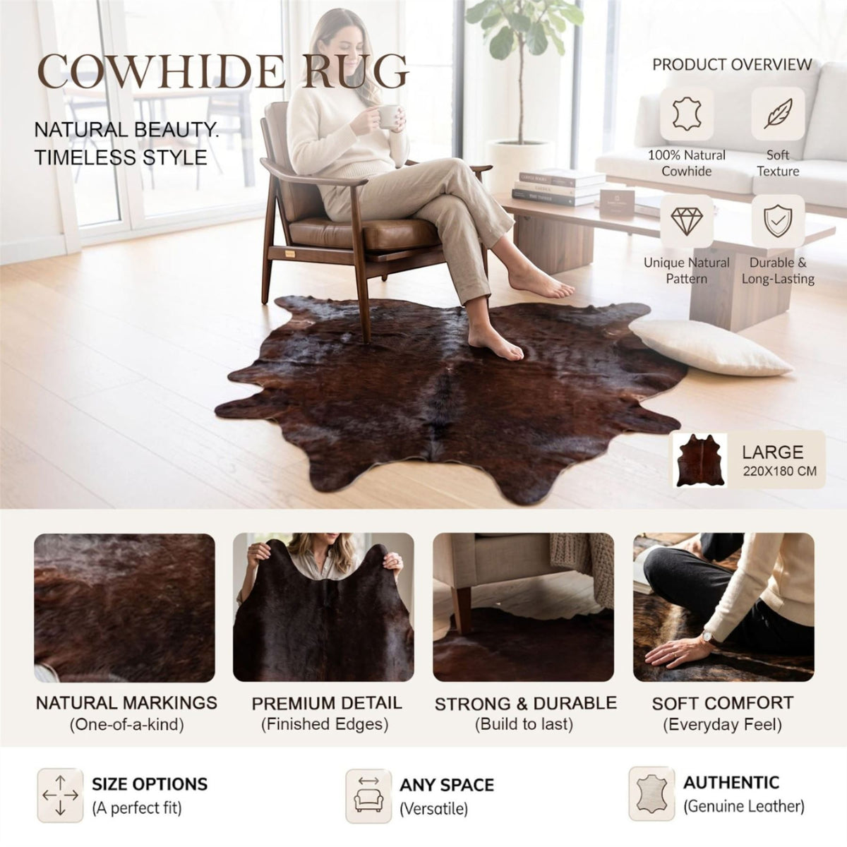 Natural Cow Real Leather Cowhide Hairon Rug