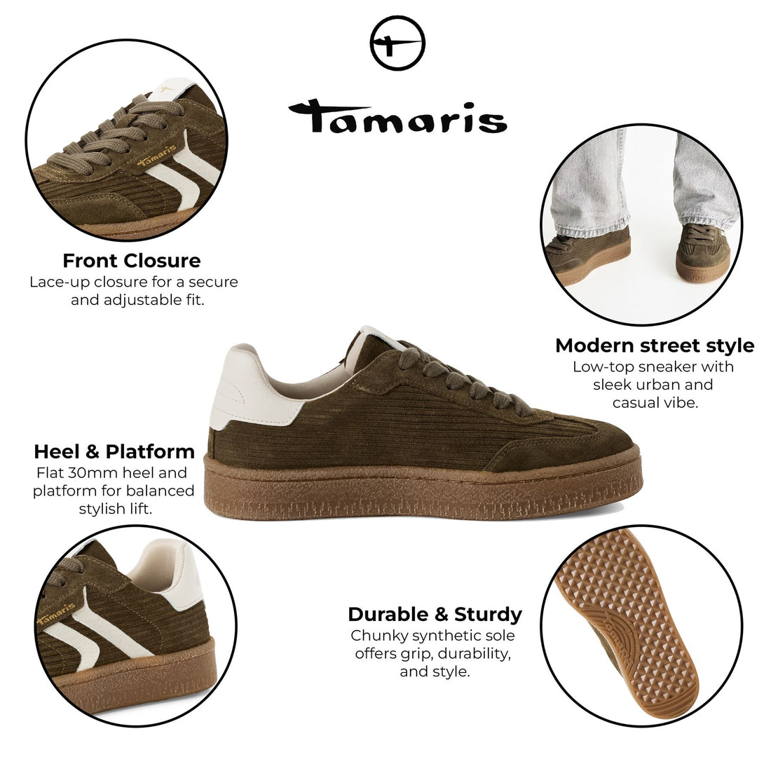Tamaris Womens Olive Green Suede Leather Fashion Lace Up Sneakers