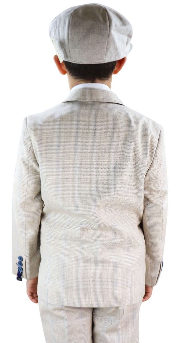 Boys 3 Piece Cream Herringbone Tweed Check Classic Suit