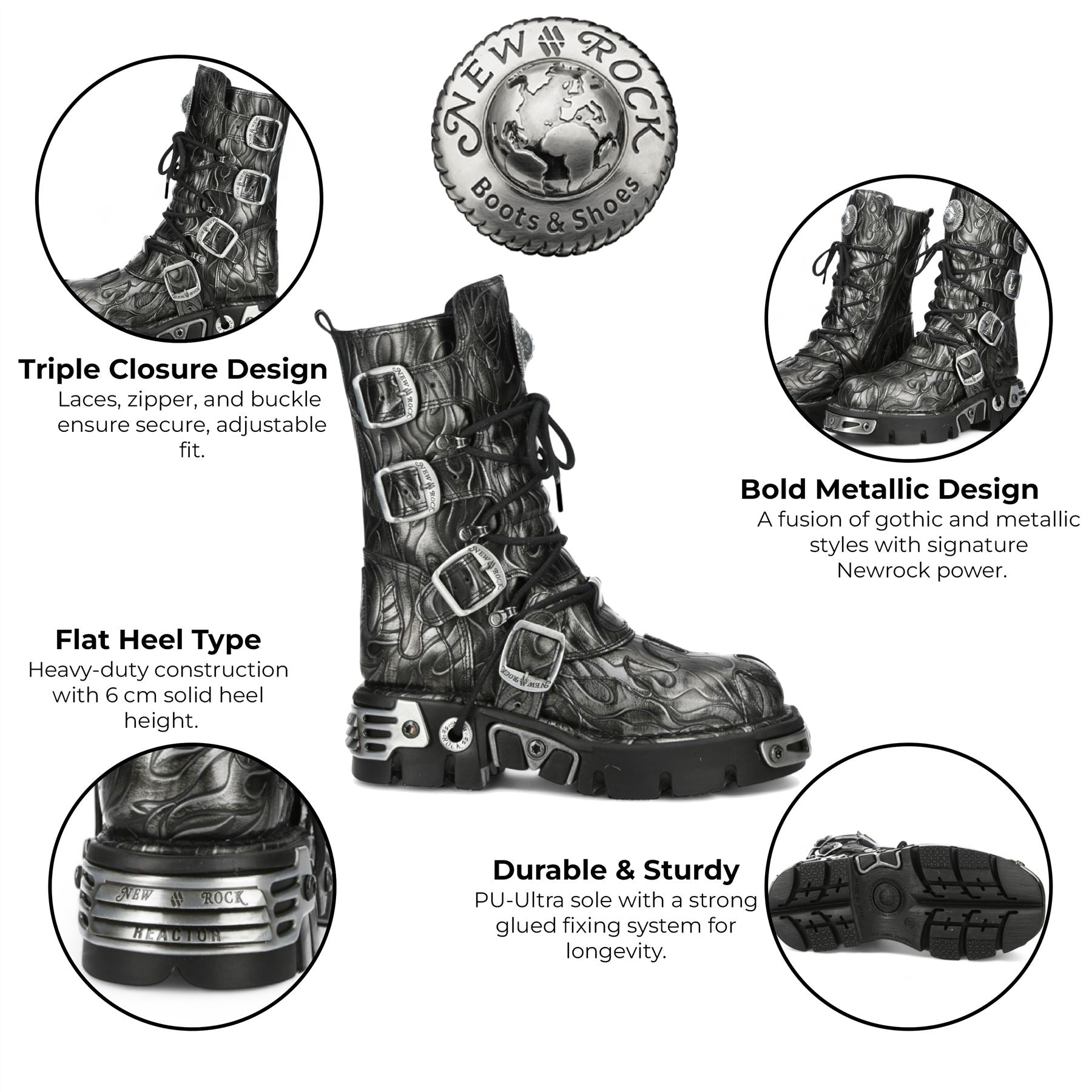 New Rock M-591-C63 Mid-Calf High Black Steel Leather Metallic Gothic Boots