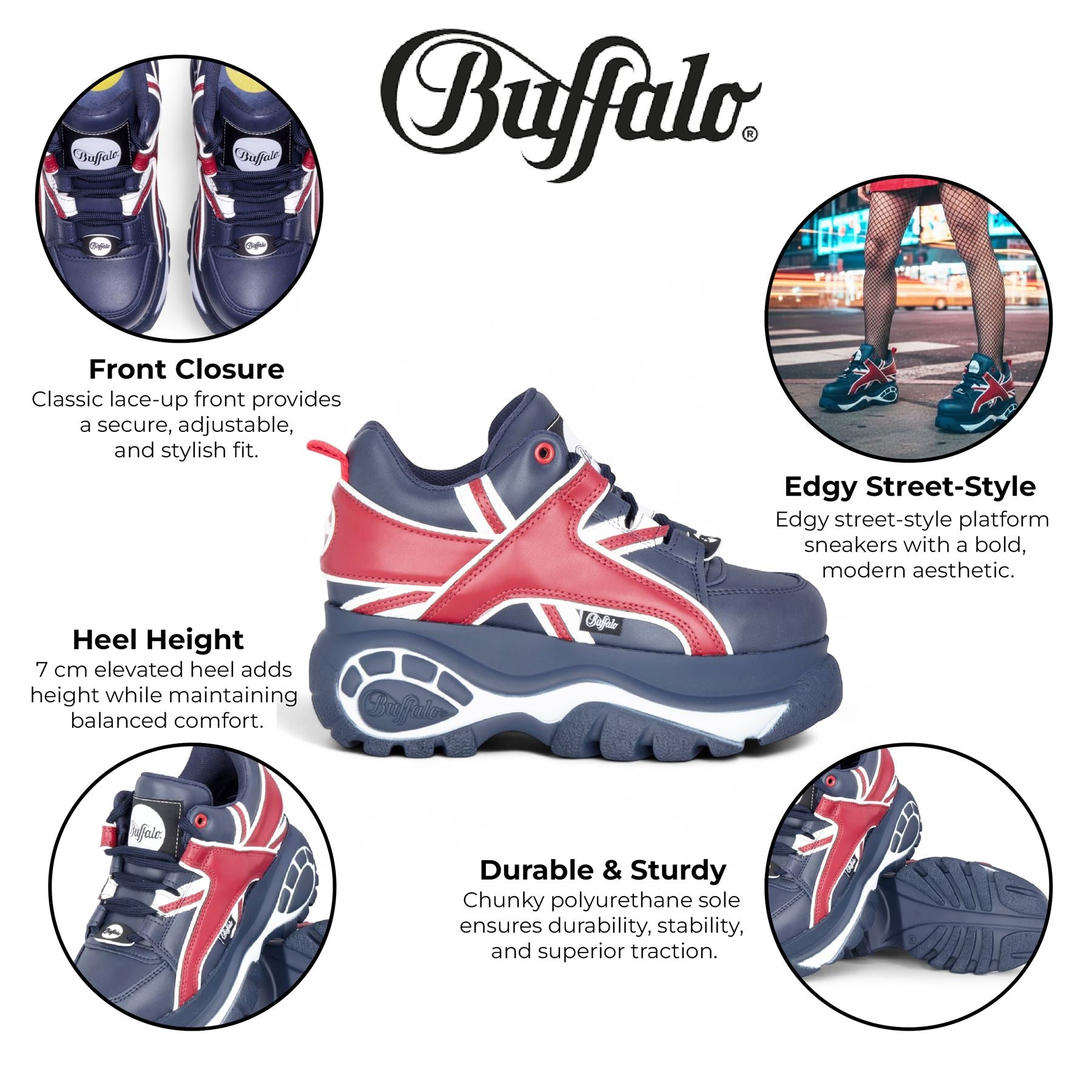 Buffalo Womens Blue Red Chunky Platform Fashion Trainers - 1339-14