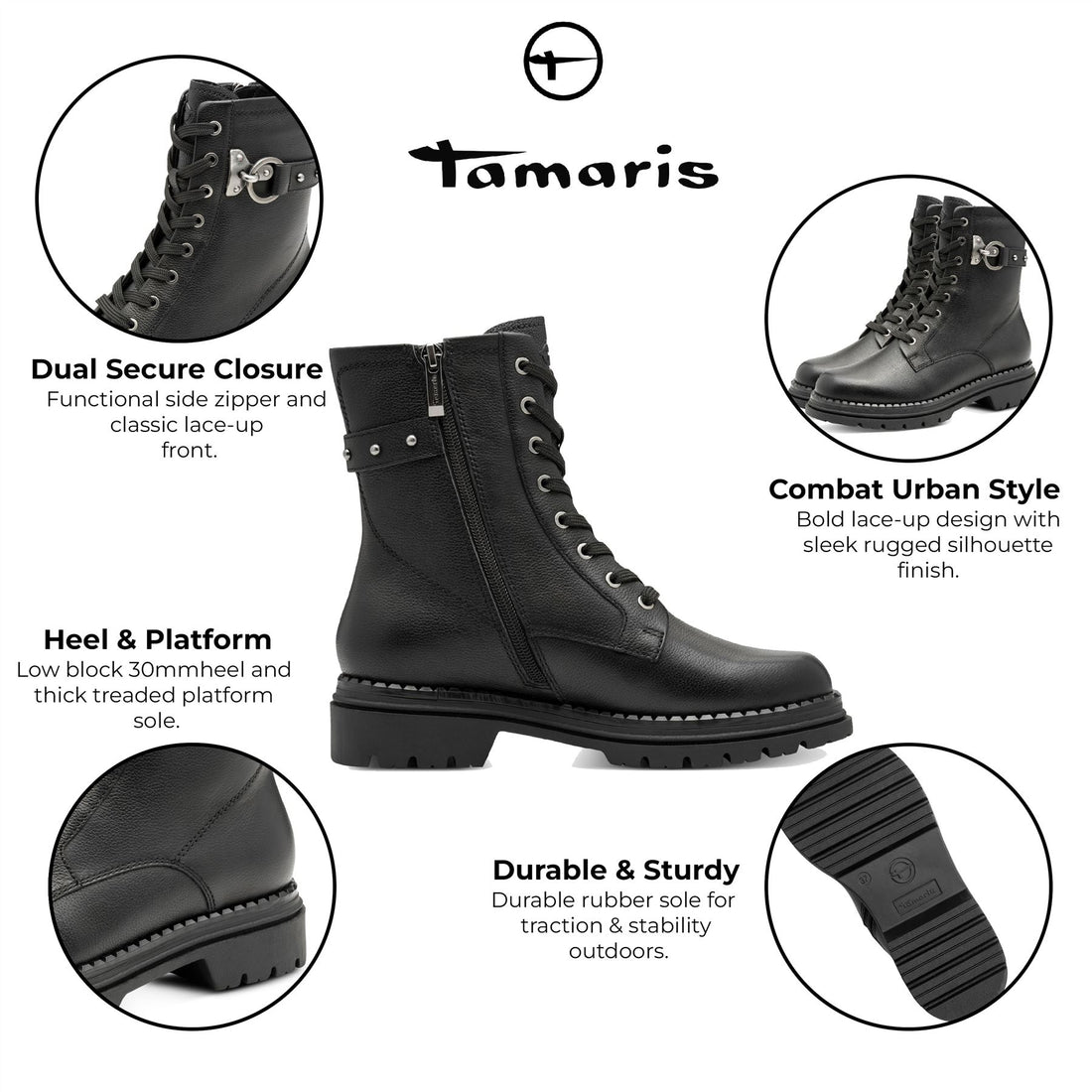 Tamaris Womens Fashion Black Leather Lace-Up Zip Combat Ankle Boots