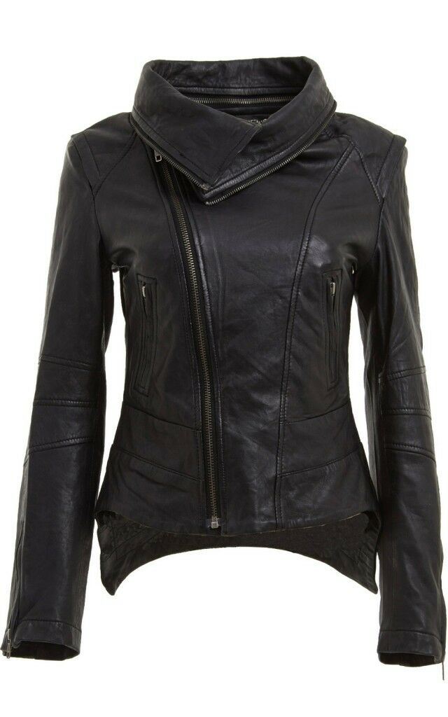 Womens Snap-off collar Leather Biker Jacket-Maidstone - Upperclass Fashions 