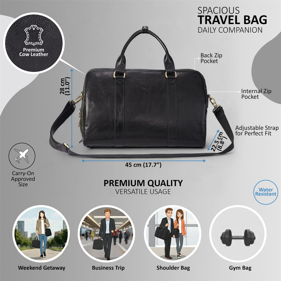 Vintage Genuine Leather Black Holdall Duffle Gym Travel Bag - Atlas