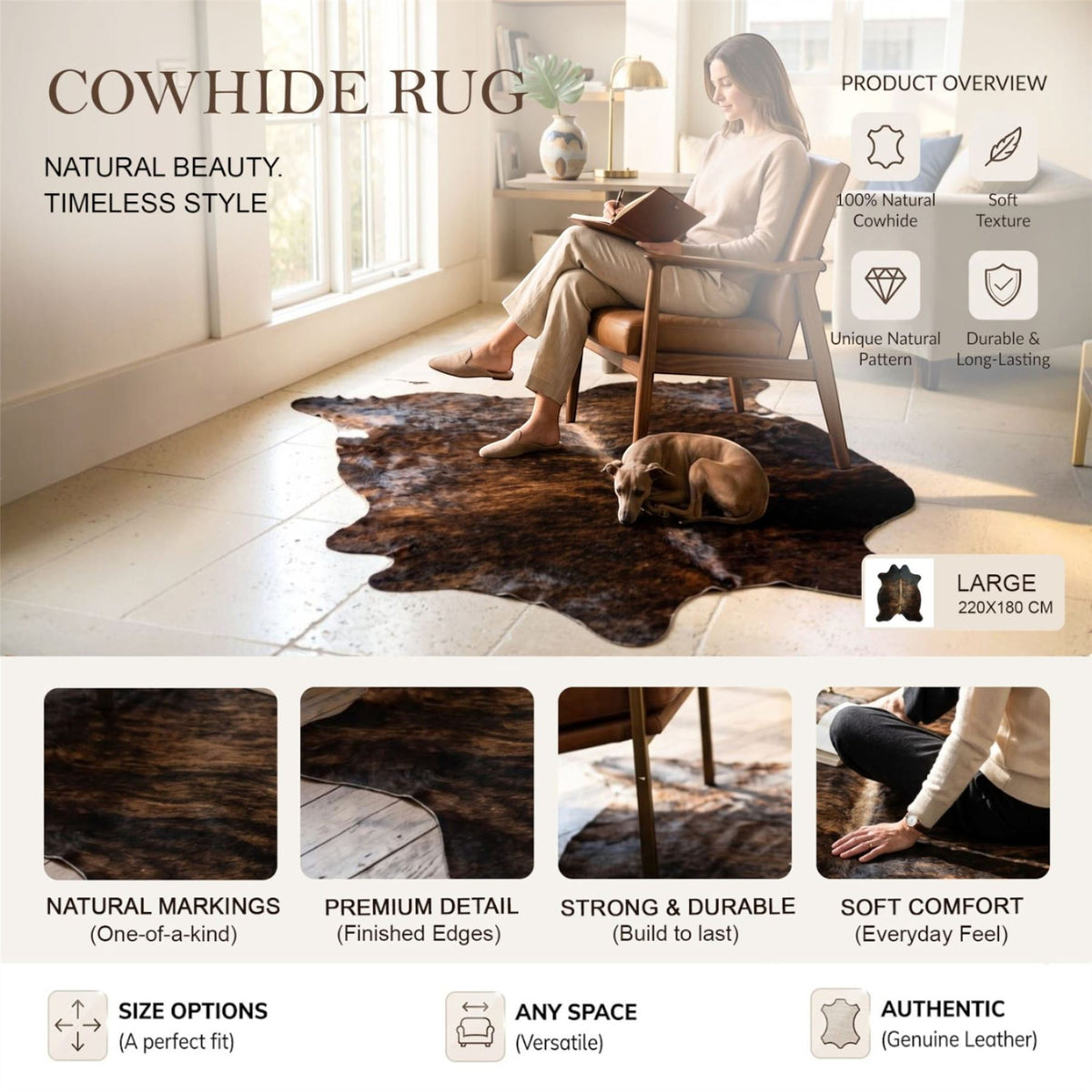 Natural Cow Leather Cowhide Hairon Rug - Dark Brindle