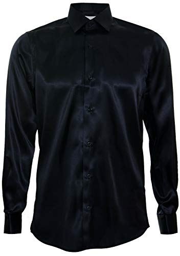 Mens Navy Satin Silk Shirt Smart Casual Button Down Cuff TailoNavy Fit