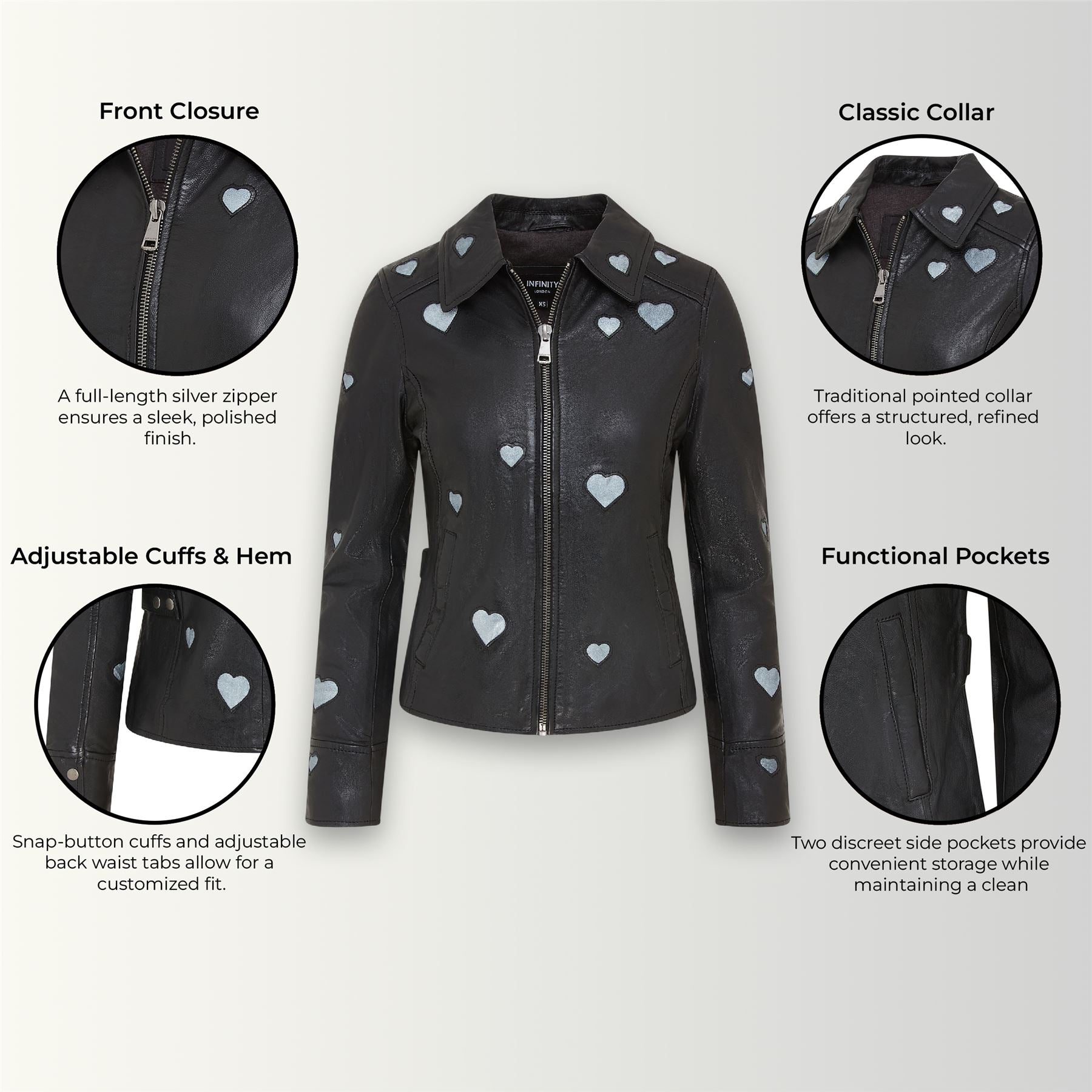 Women’s Black Leather Hearts Biker Jacket - Wynyard