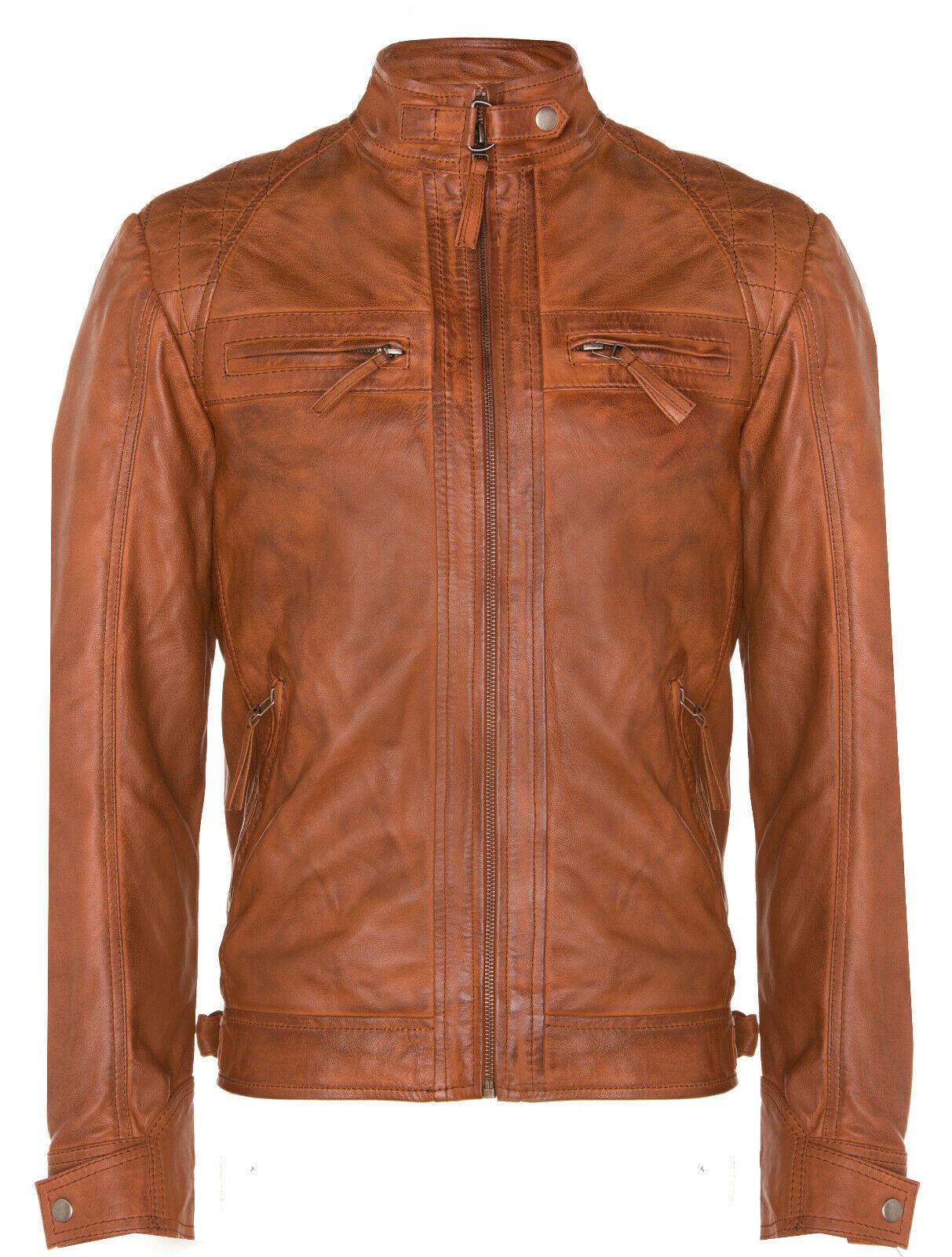 Men Classic Leather Quilted Biker Jacket-Silsden