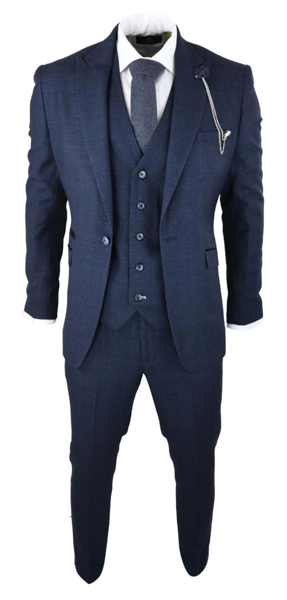 Mens 3 Piece Navy Blue Check Tweed Retro Classic Suit