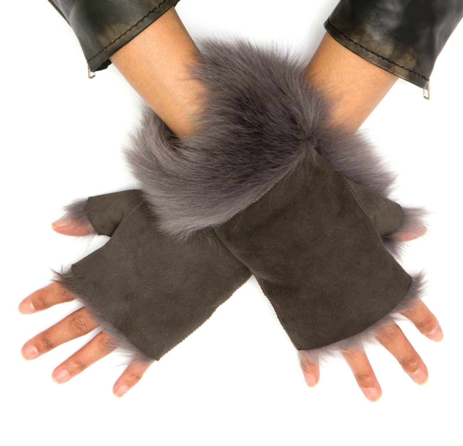 Womens Shearling Mittens Fingerless Cuffs Toscana Suede Sheepskin Fur