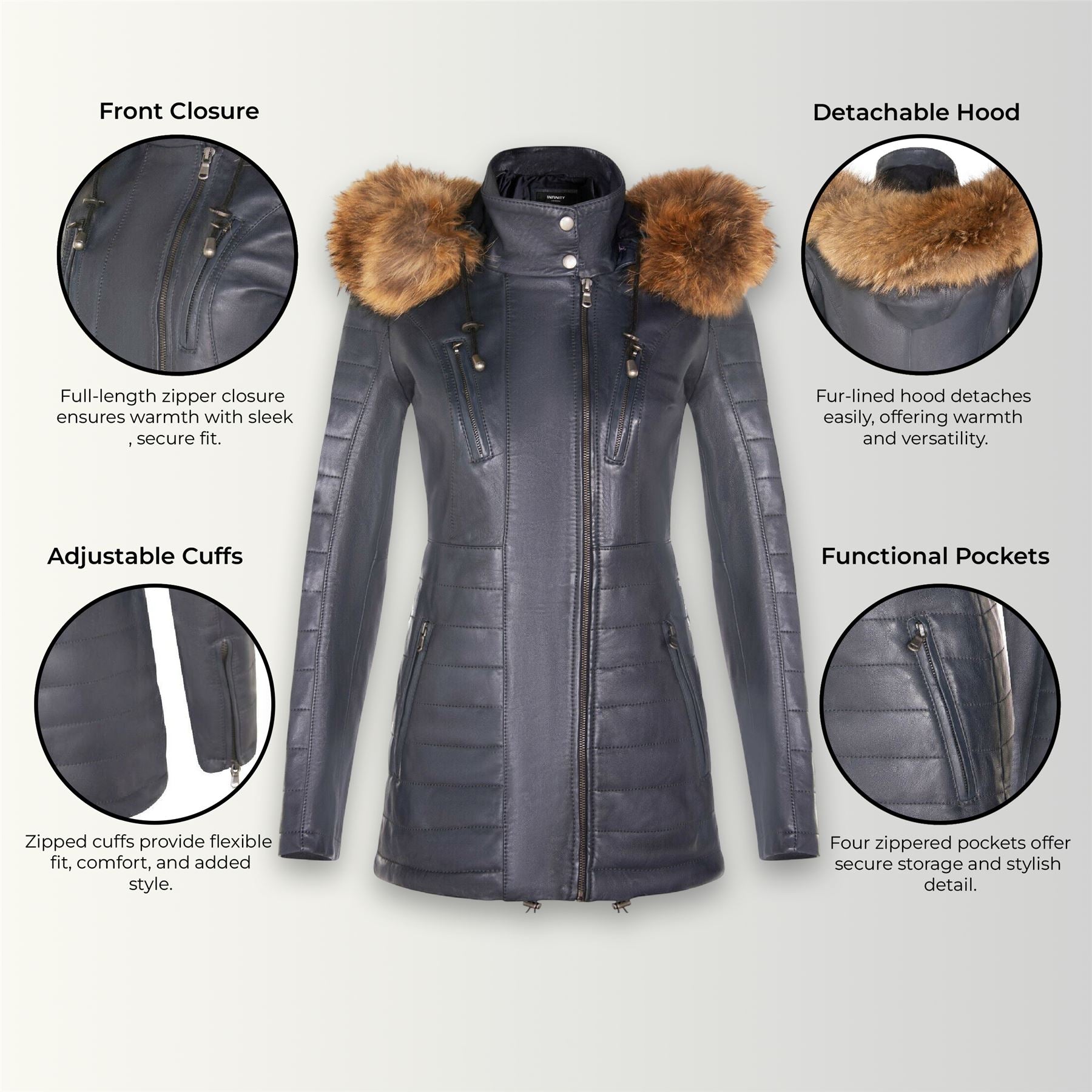 Womens Slim Fit Leather Hooded Parka Jacket-Northam