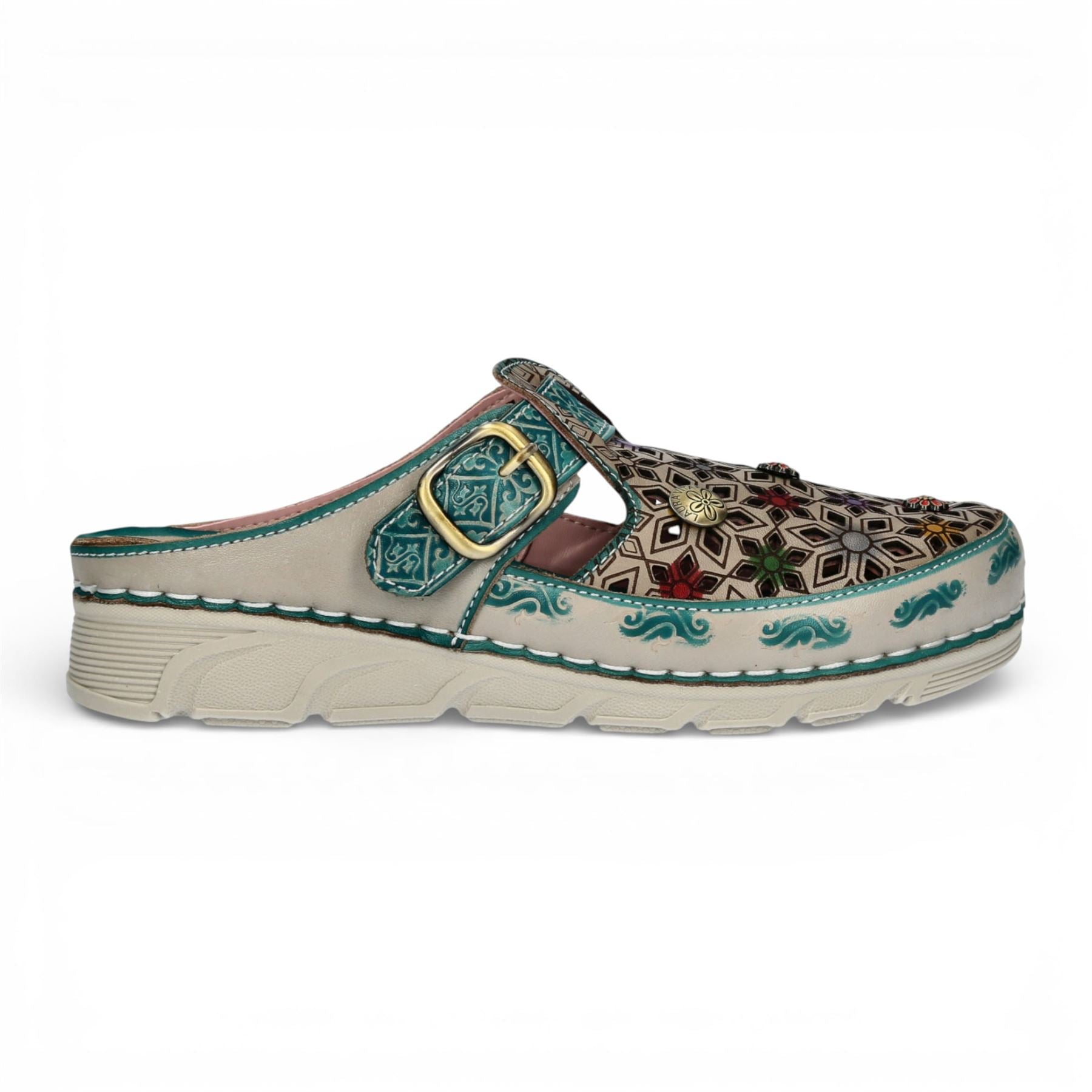 Laura Vita Women’s Dorry 01 Floral Blue Leather Wedge Slipper Sandals