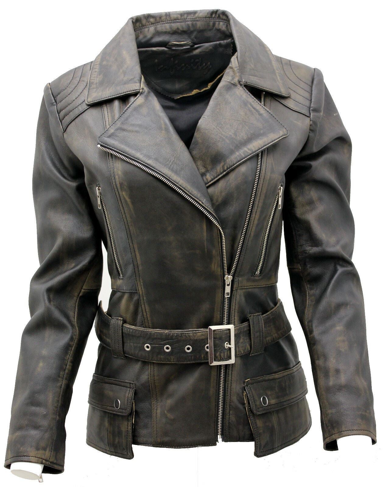 Womens Mid-length Leather Biker Jacket-Middlewich - Upperclass Fashions 