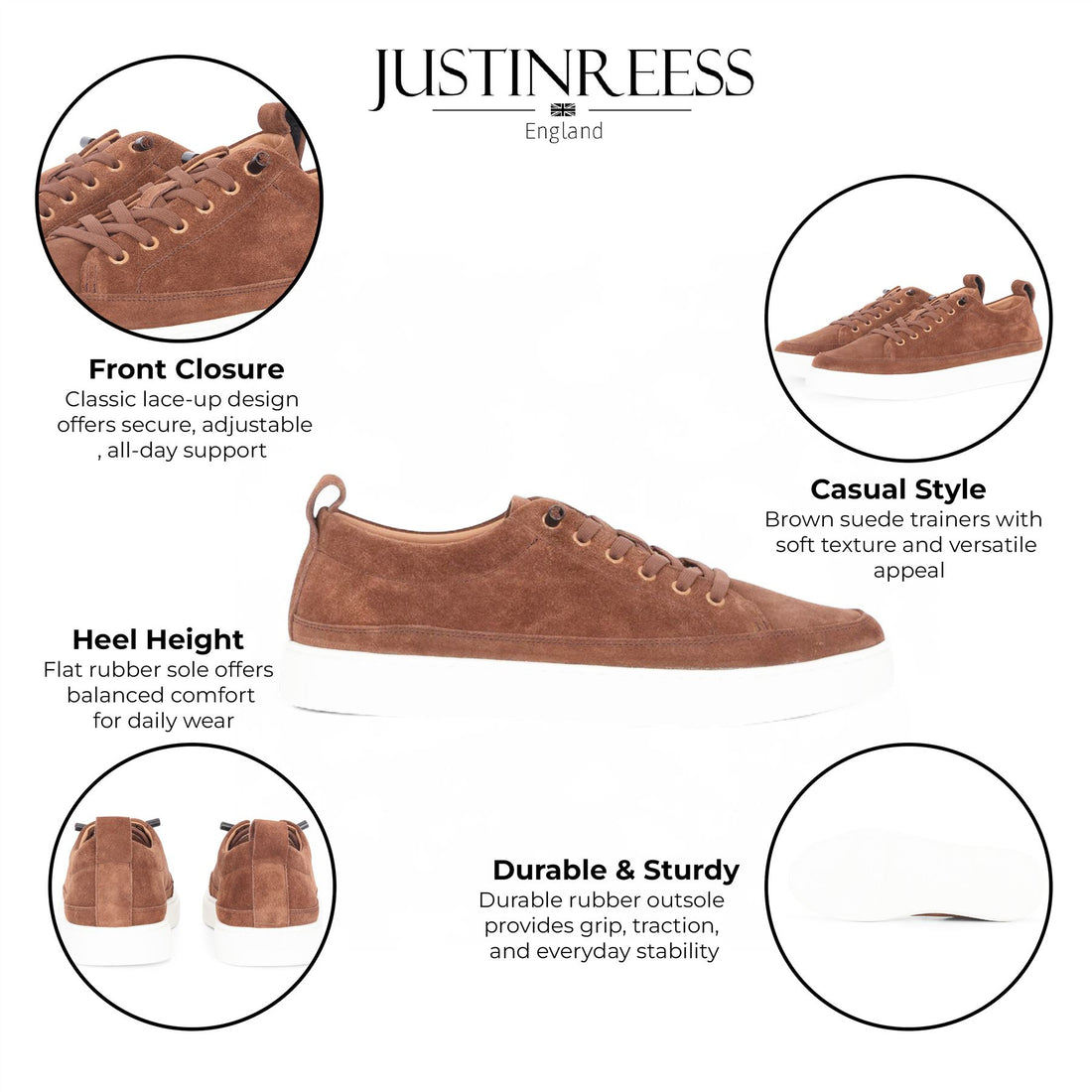 Justin Reess Mens Brown Suede Leather Trainers Sneakers - Josh