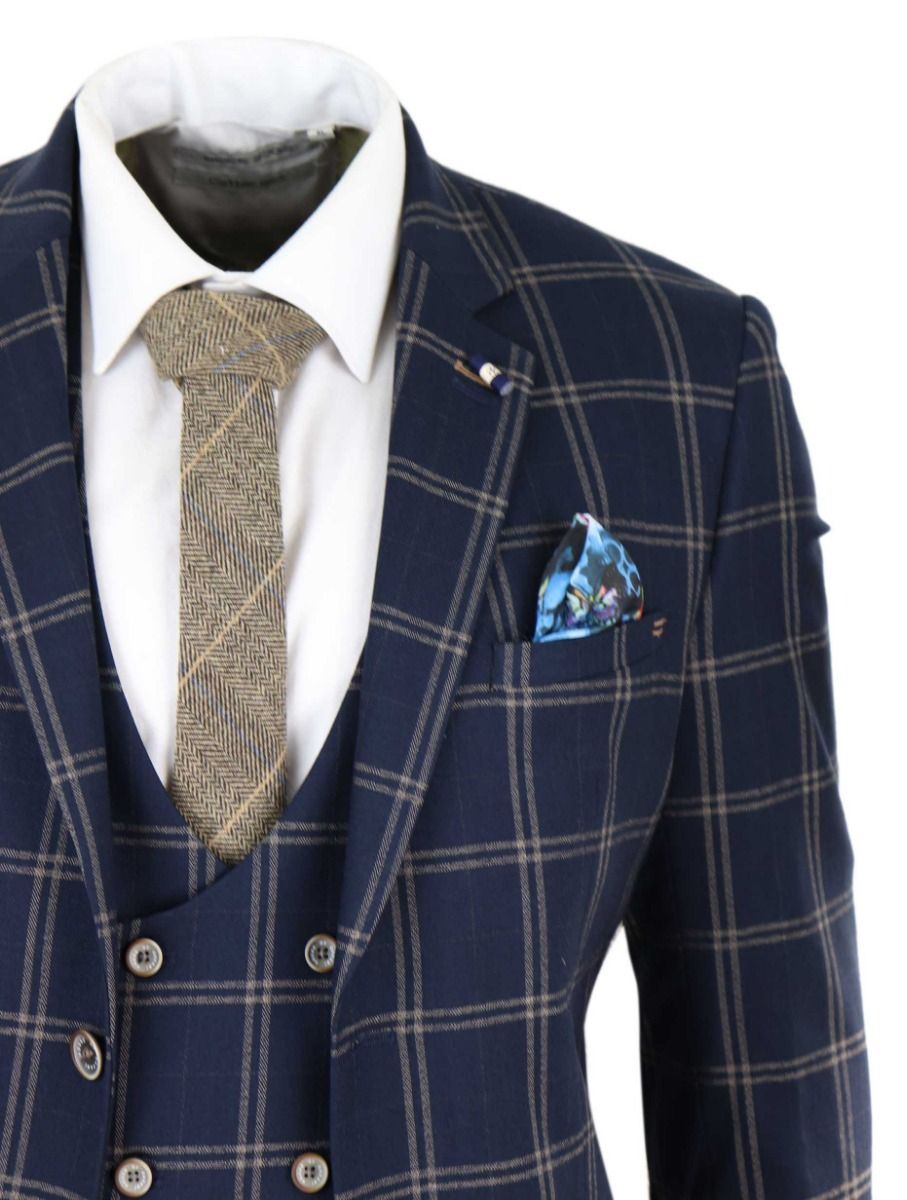 Mens 3 Piece Navy Blue And Tan Check Tweed Retro Classic Suit