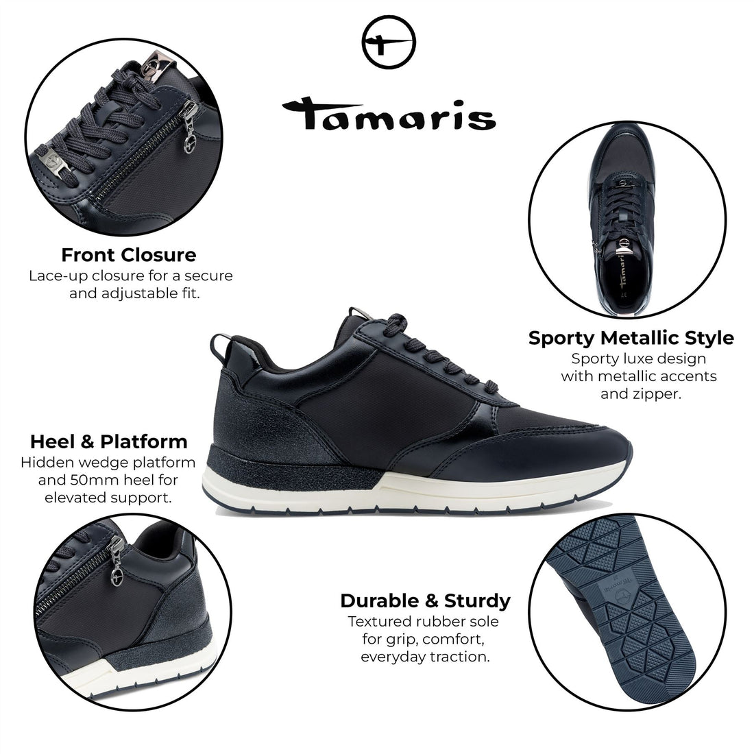 Tamaris Womens Navy Blue Fashion Lace-up Zipped Sneakers Trainers