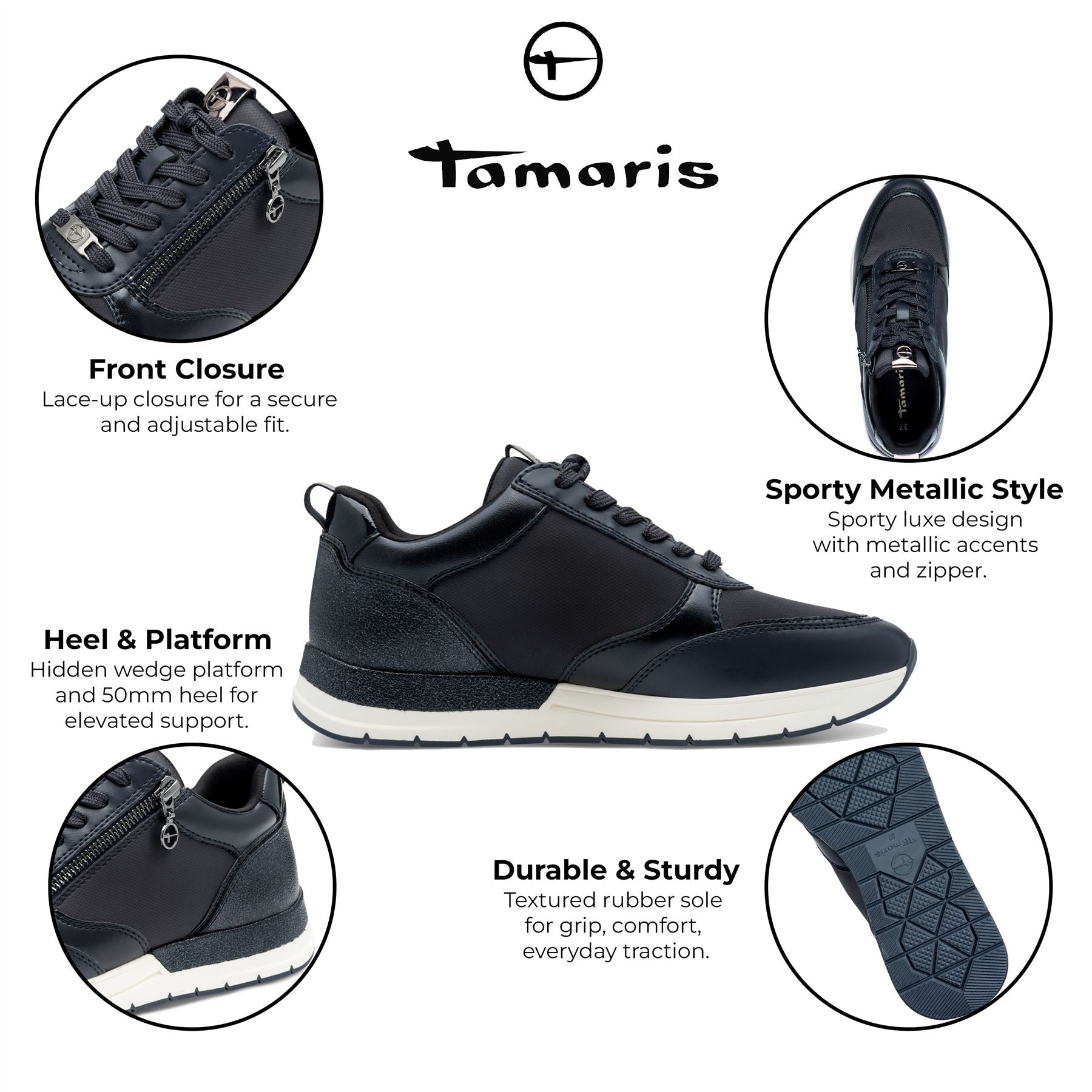 Tamaris Womens Navy Blue Fashion Lace-up Zipped Sneakers Trainers