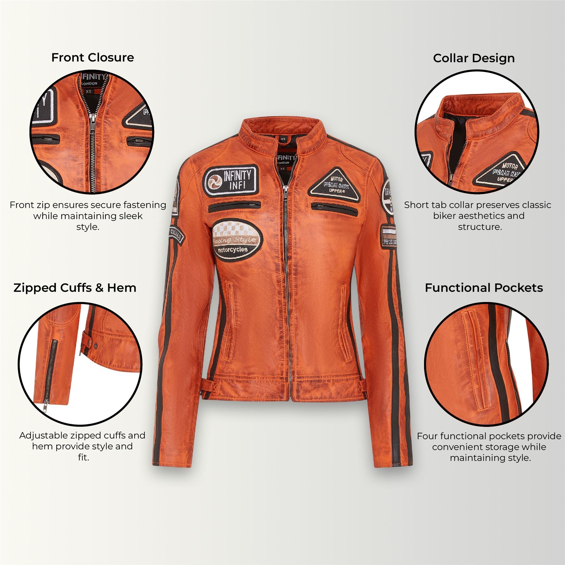 Womens Biker Racing Badges Leather Jacket-Eastleigh