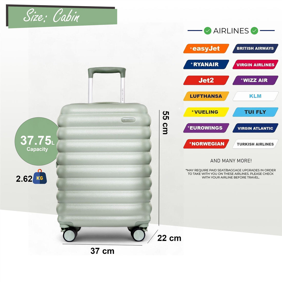 Hard Shell Cabin 37 x 22 x 55 cm Green TSA Secure Luggage Suitcase Suitable for Easyjet, Ryanair