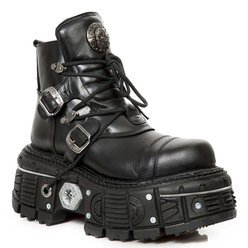 New Rock M-TANK007-S1 Black Leather Gothic Combat Platform Ankle Boots