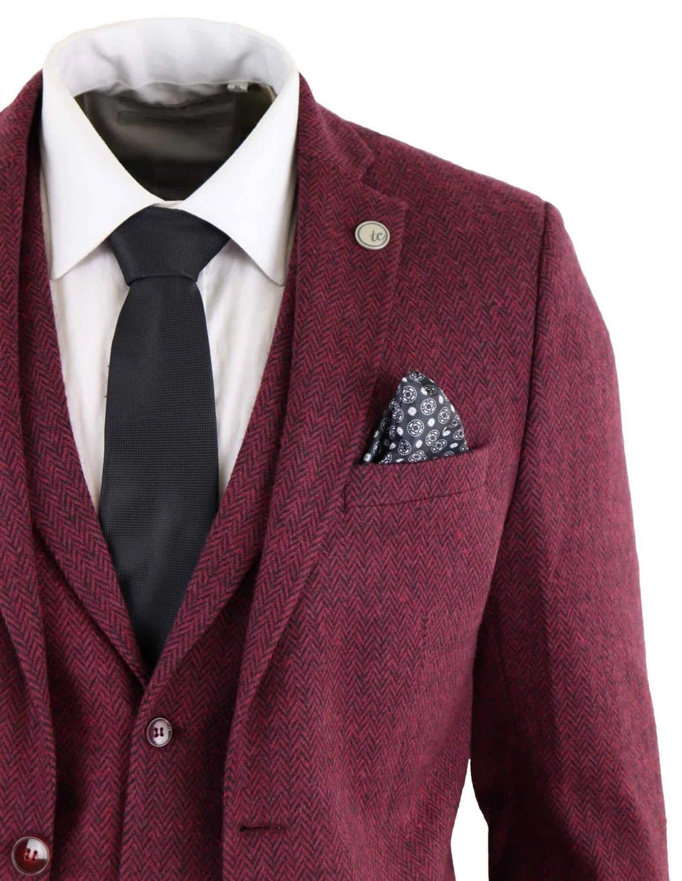 Mens 3 Piece Wine Herringbone Wool Tweed Retro Suit