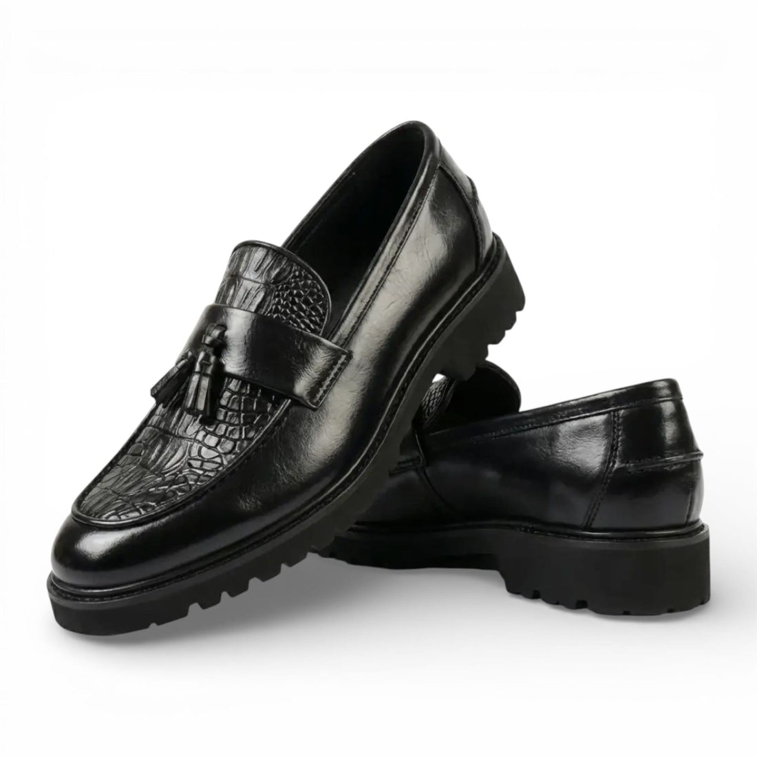 Mens Faux Leather Black Tassel Lug Sole Textured Loafers Shoes