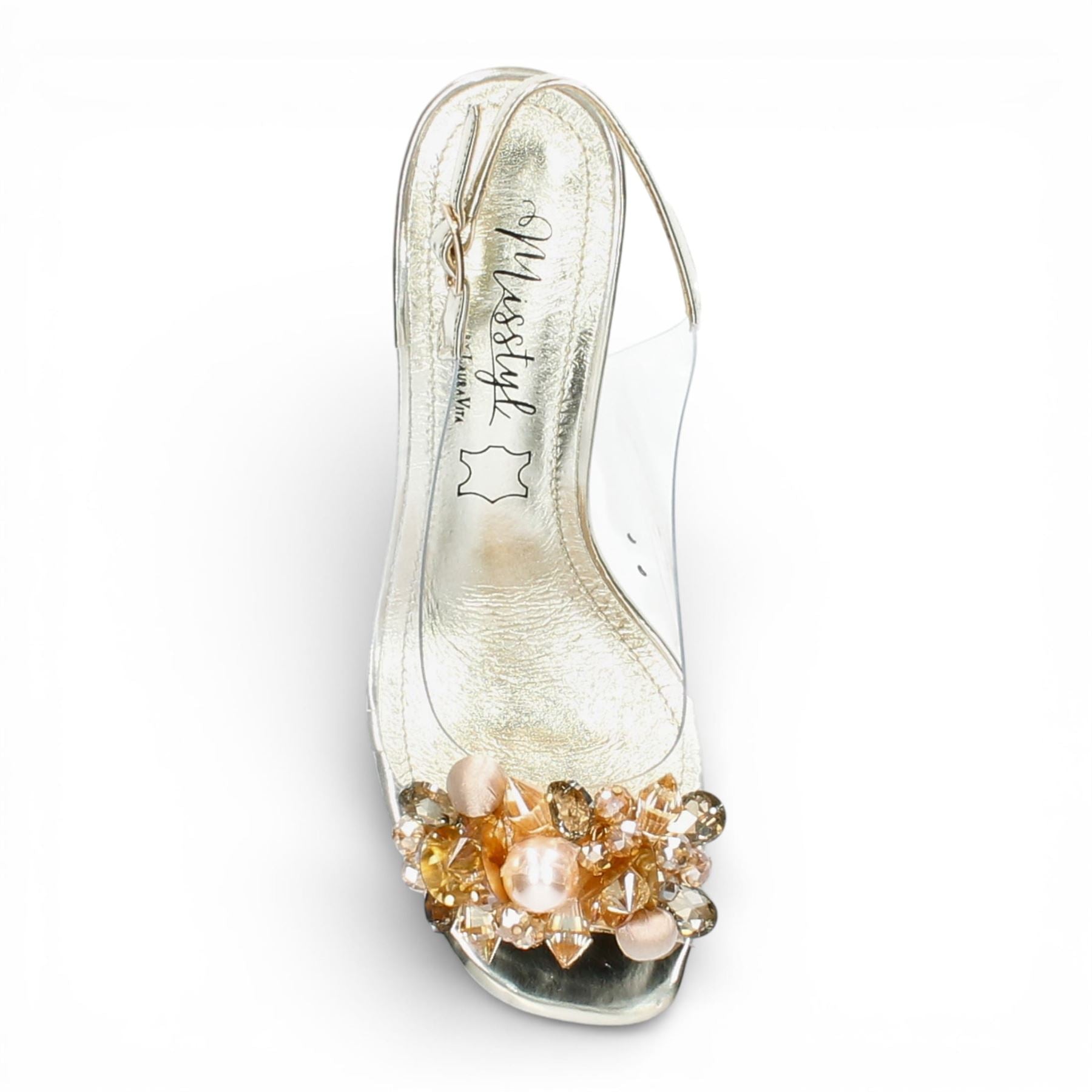 Laura Vita Women’s Clear Golden Slip-On Cinderella Block Heel Sandals - Marlene 12