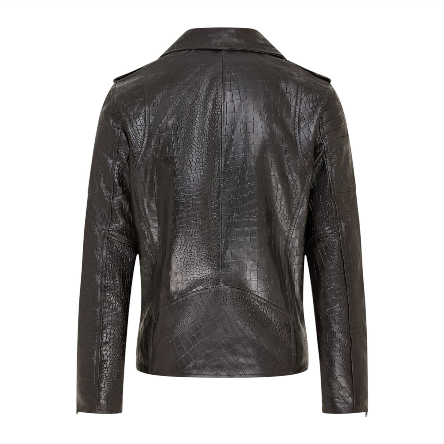 Mens Cow Leather Alligator Print Embossed Biker Jacket - Rot