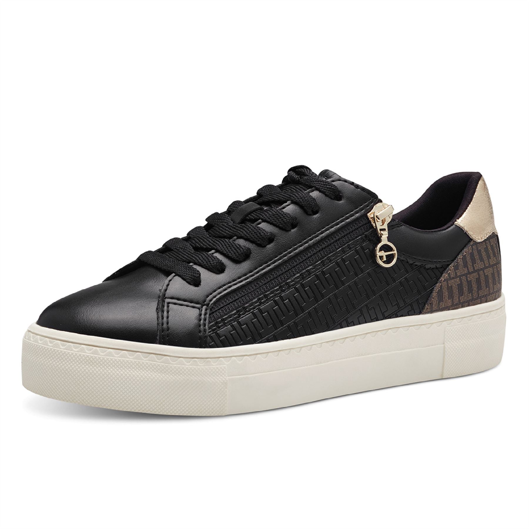 Tamaris Womens Black Gold Faux Leather Fashion Lace Up Sneakers