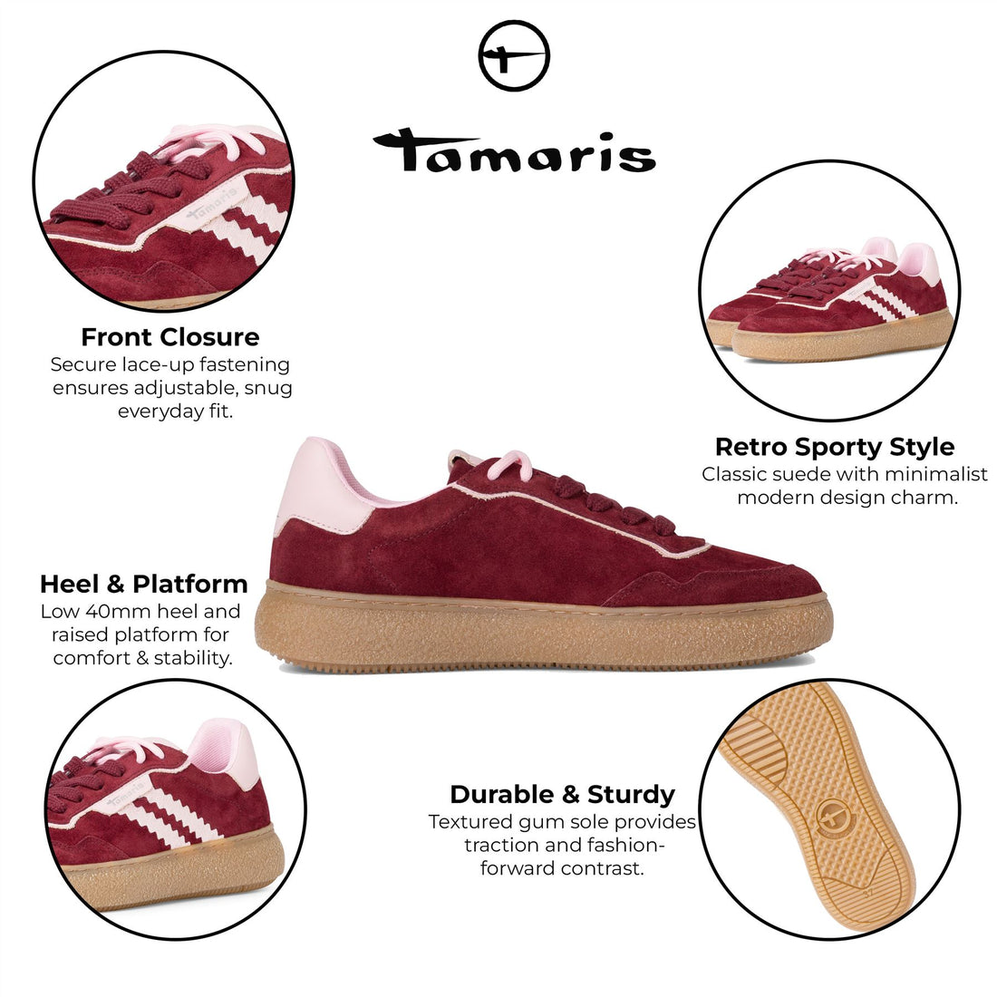 Tamaris Womens Merlot Burgundy Red Leather Fashion Stripe Lace Up Sneakers
