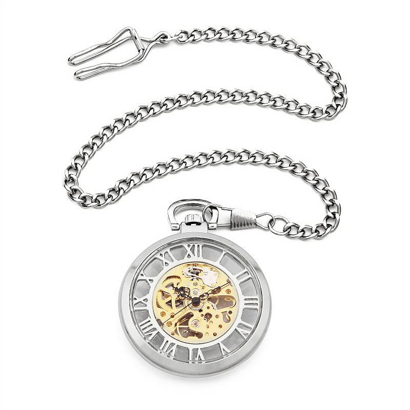 Open-Face Silver Alloy Mechanical Skeleton Silver Pocket Watch