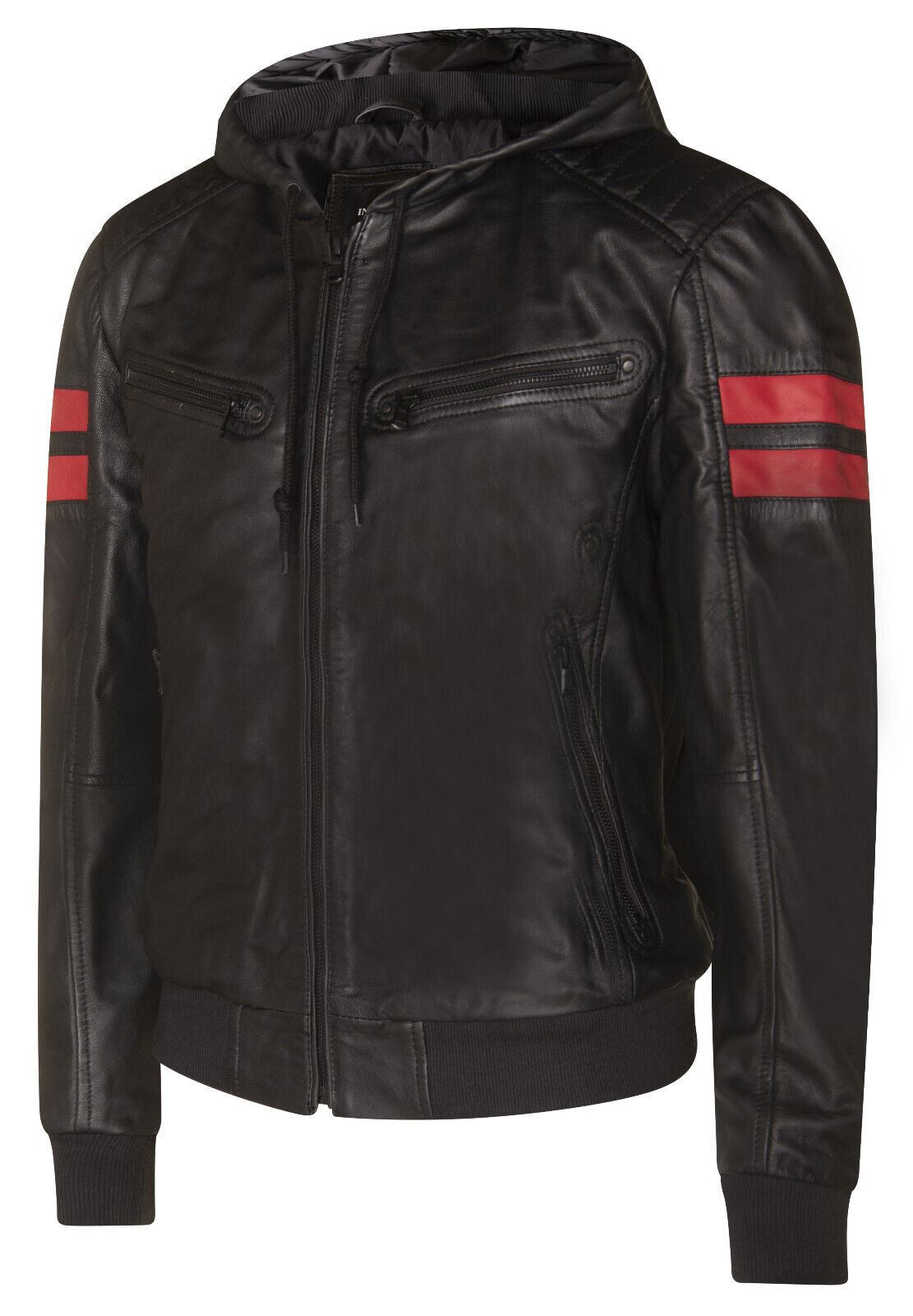 Mens Leather Hooded Bomber Jacket - Cromer