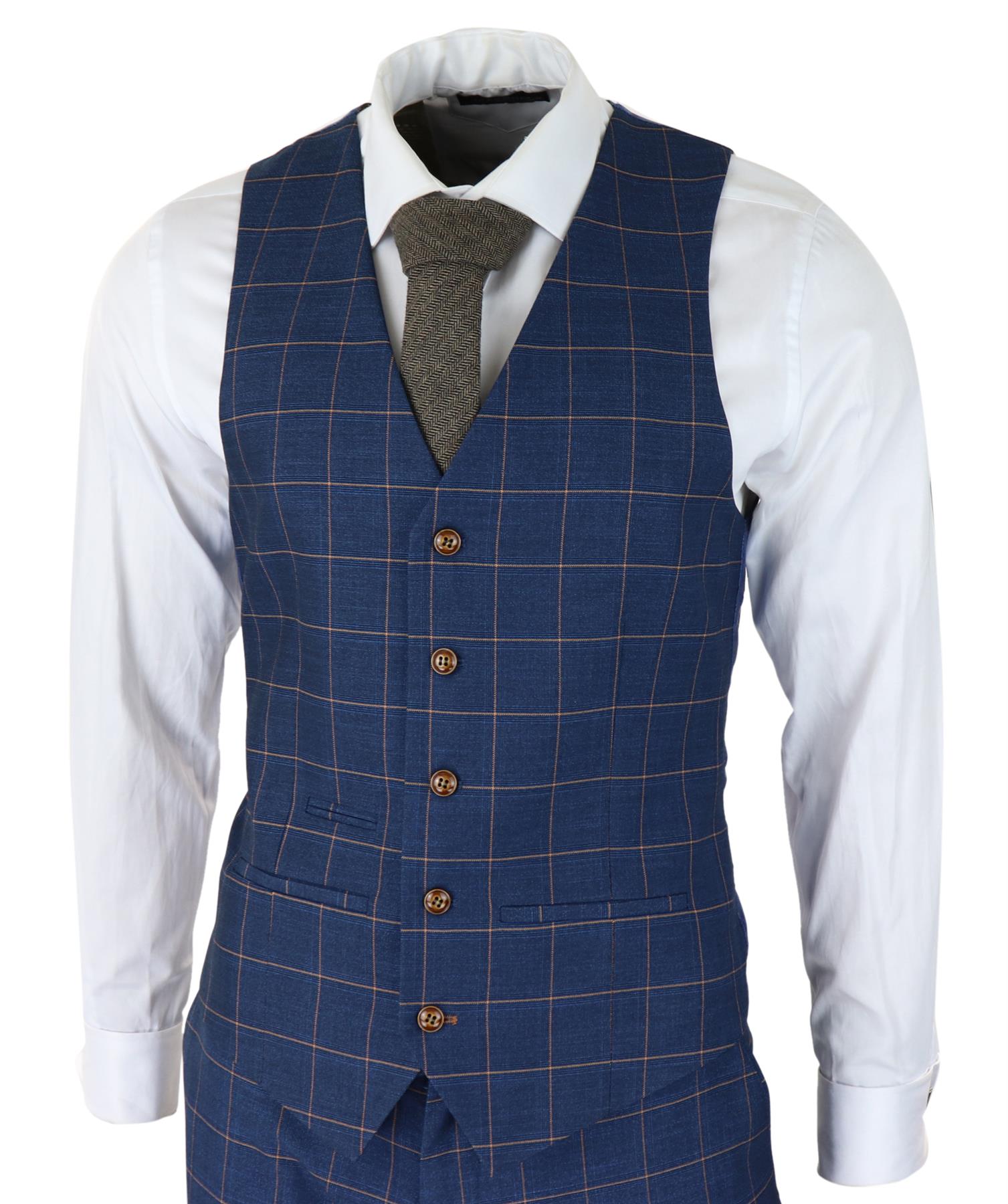 Mens 3 Piece Suit Blue Gold Check Peaky Blinders 1920 Gatsby Smart Vintage Suit
