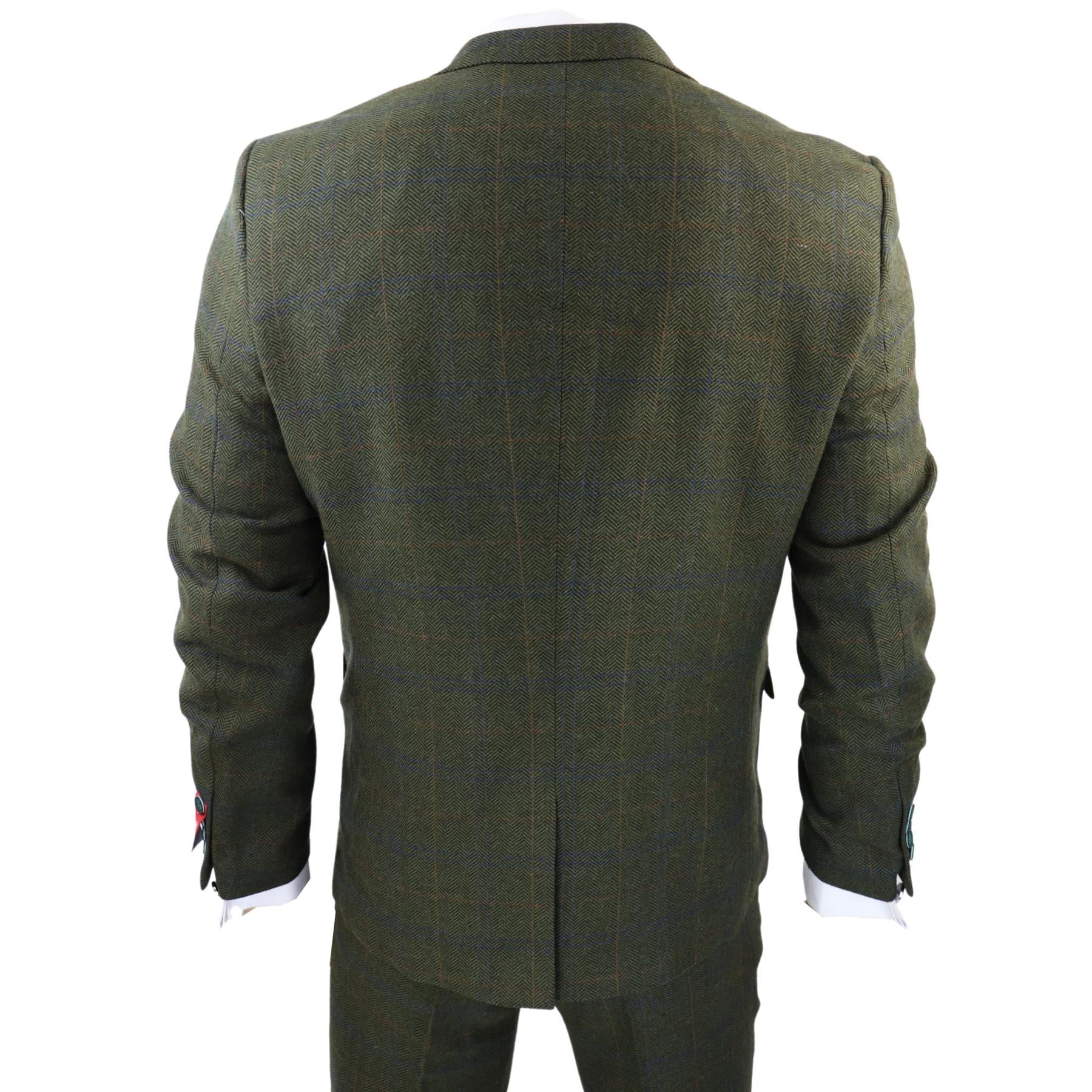 Mens 3 Piece Wool Suit Olive Green Tweed Check Peaky Blinders 1920 Gatsby Formal