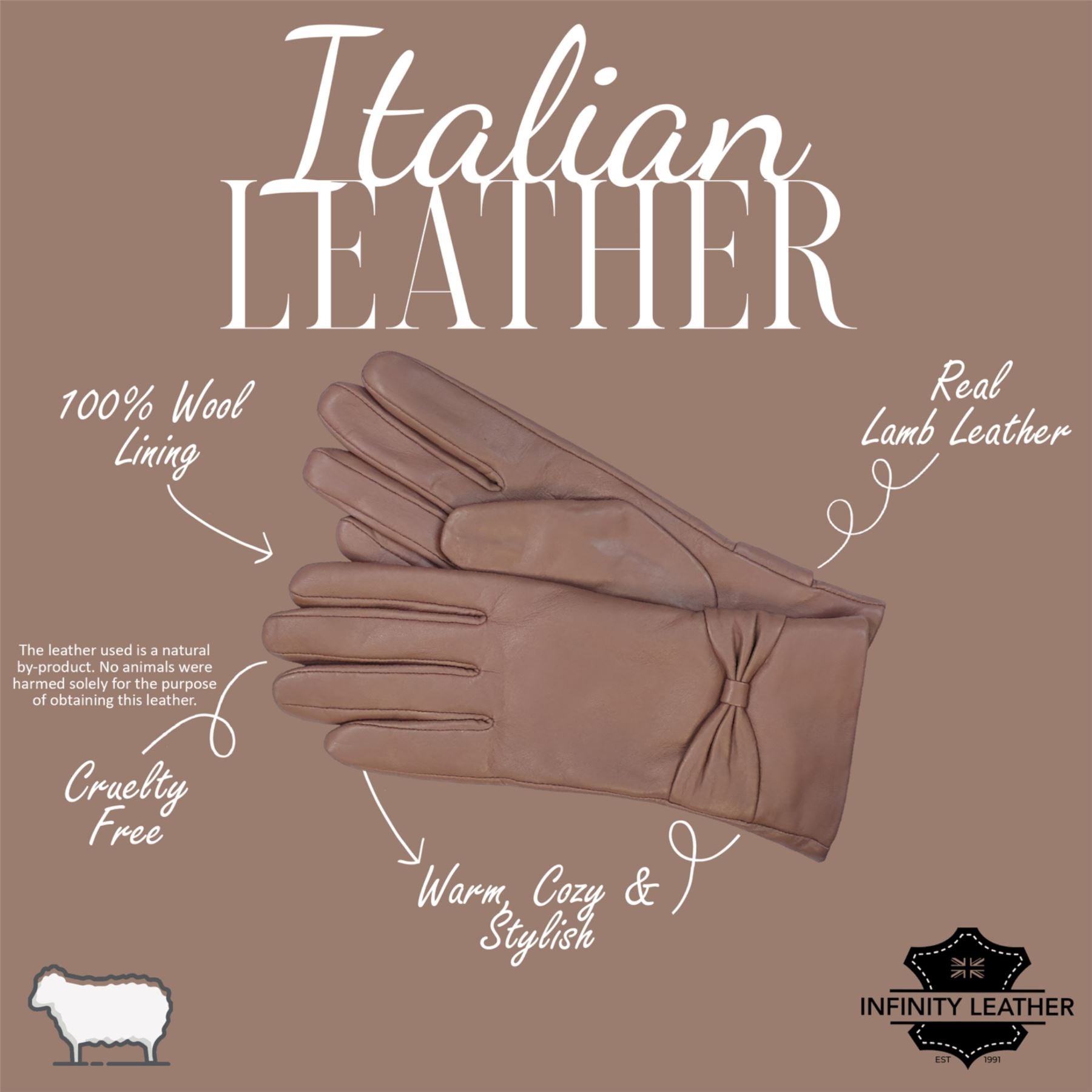 Womens Italian Leather Winter Bow Design Soft Wool Lining Gloves - L-GLV-401