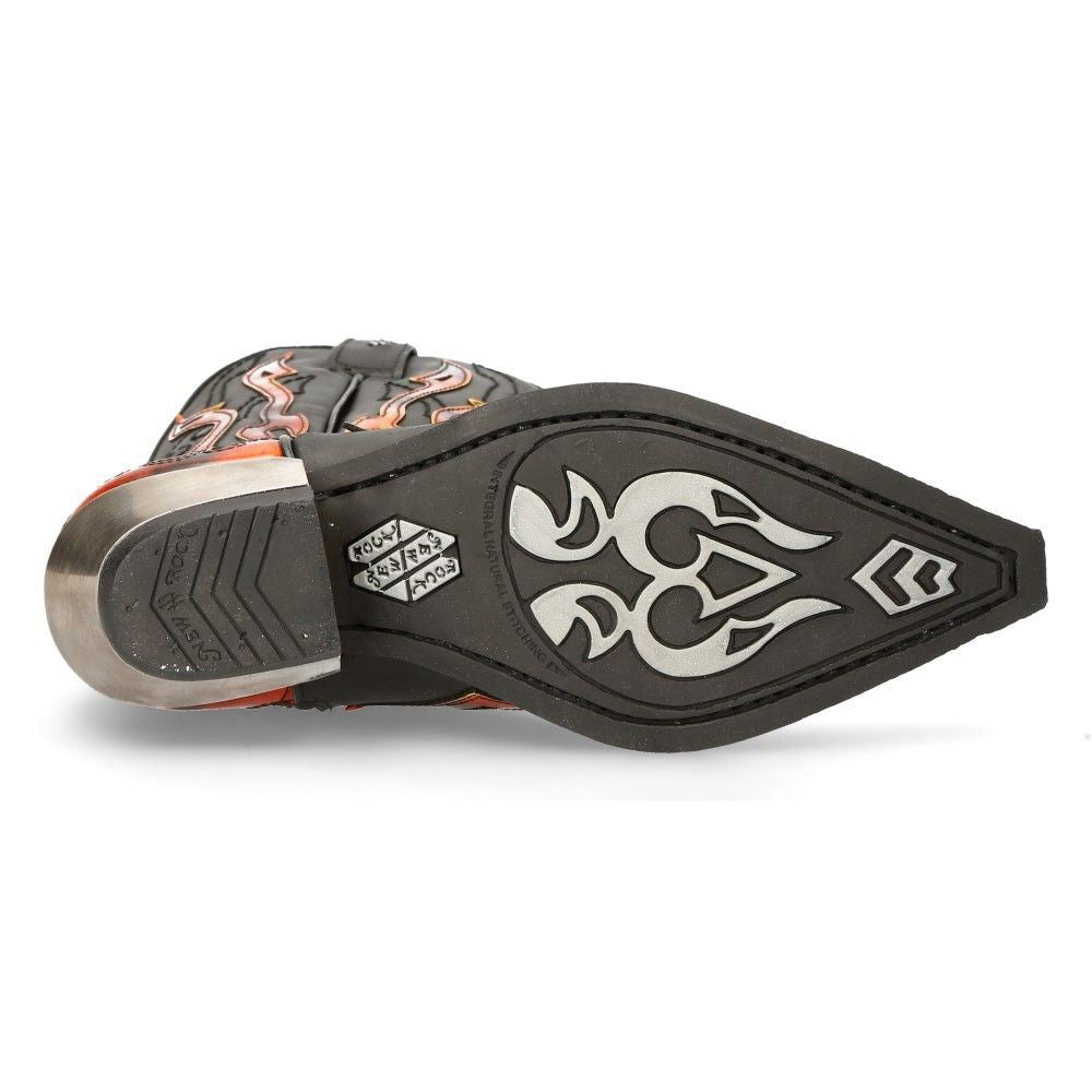 New Rock Flame Accented Black/Red Mid-Calf Cowboy Boots-7921-S2