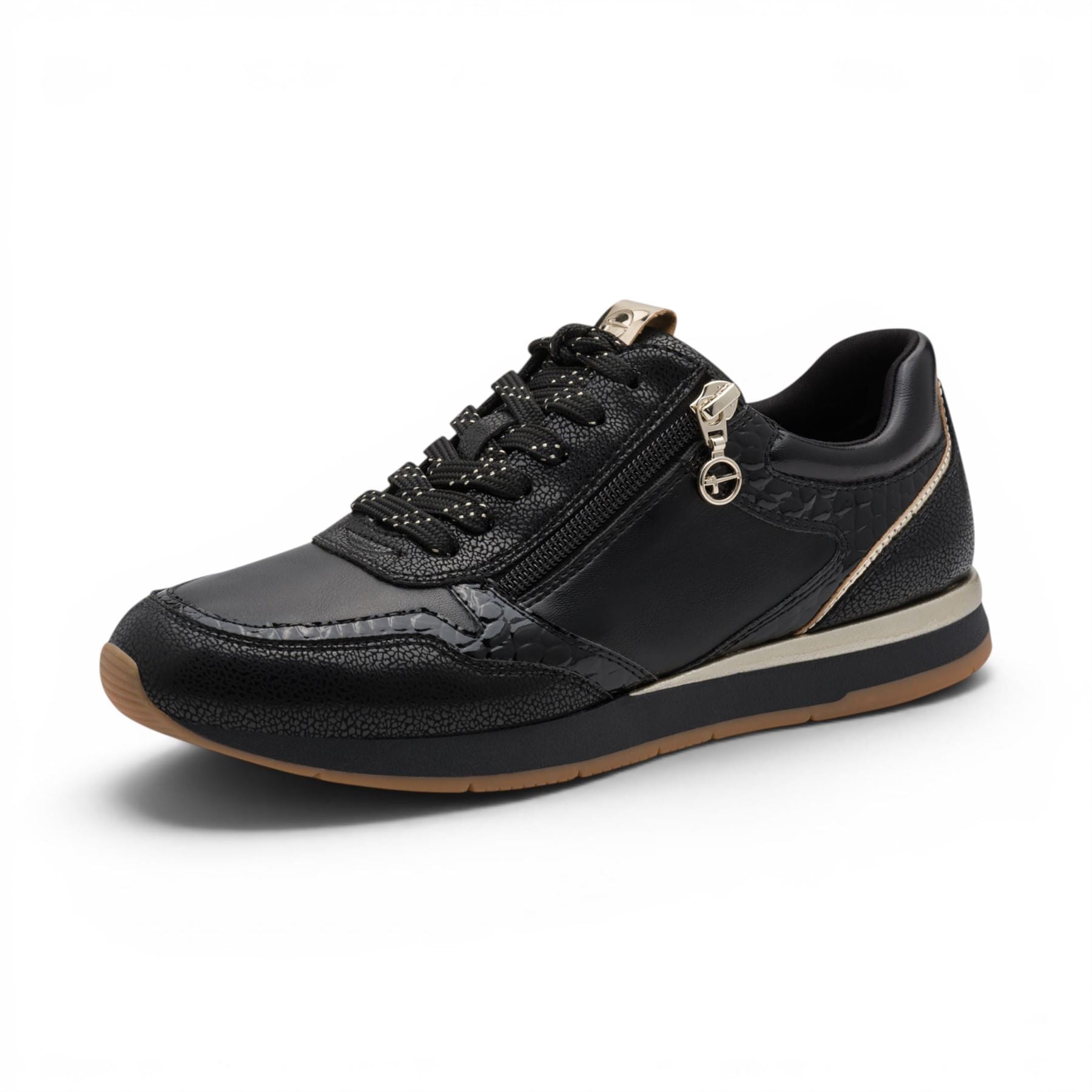 Tamaris Womens Black Faux Leather Fashion Lace Up Sneakers - 23613-46
