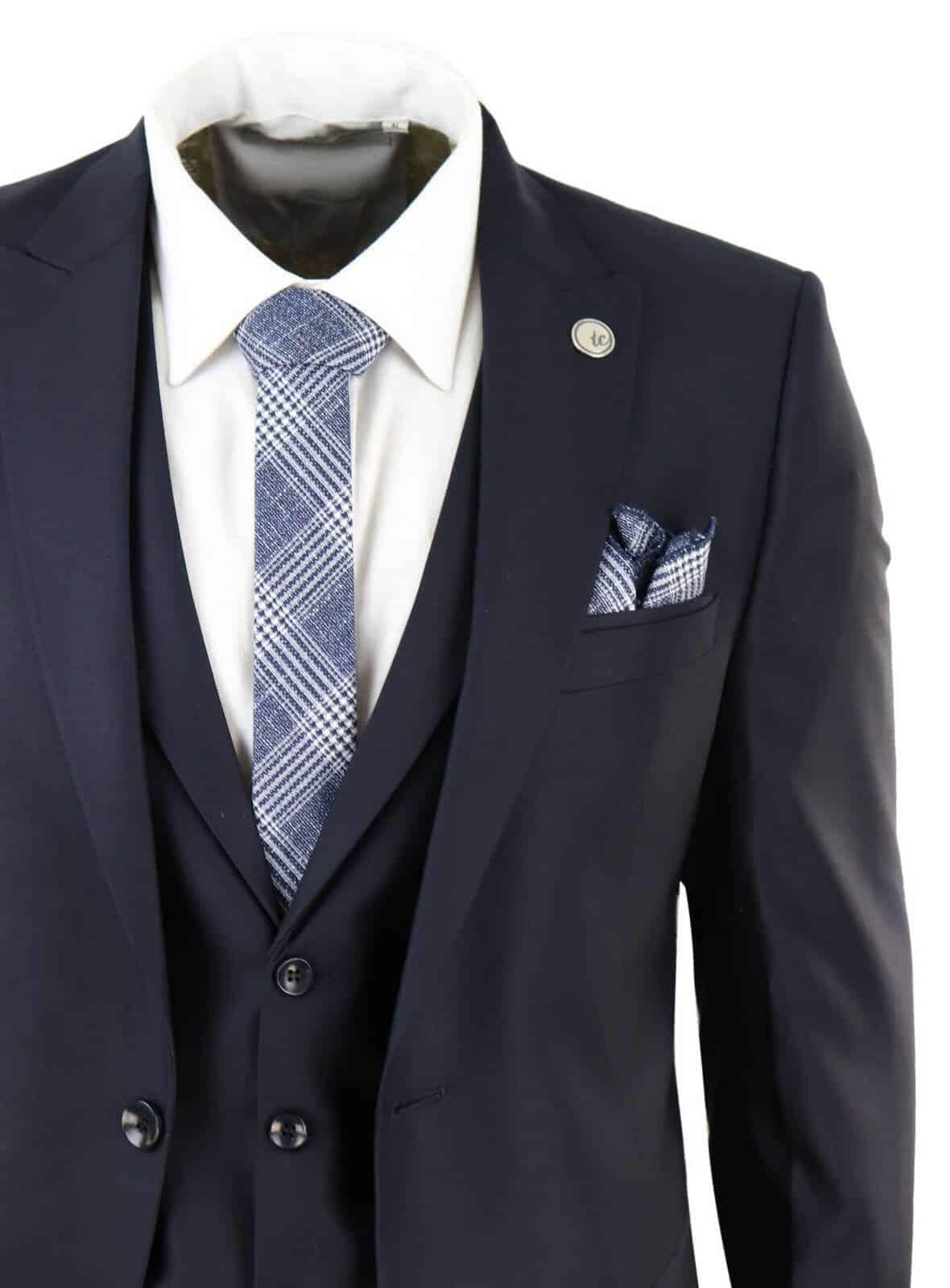 New Mens 3 Piece Suit Plain Navy Classic Tailored Fit Smart Casual 1920s Formal