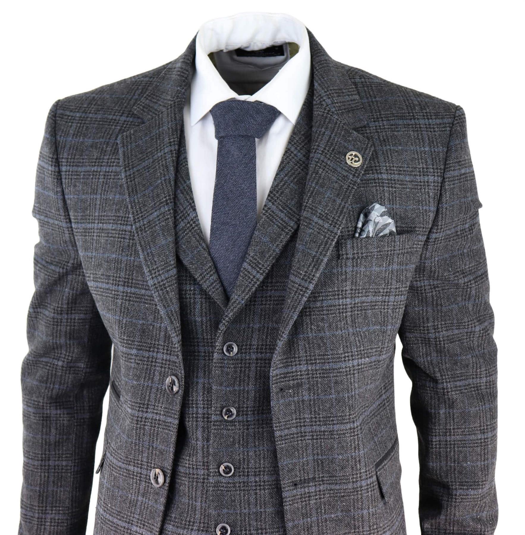 Mens Grey Check 3 Piece Tweed Suit Peaky Blinders 1920s Gatsby Tailored Fit