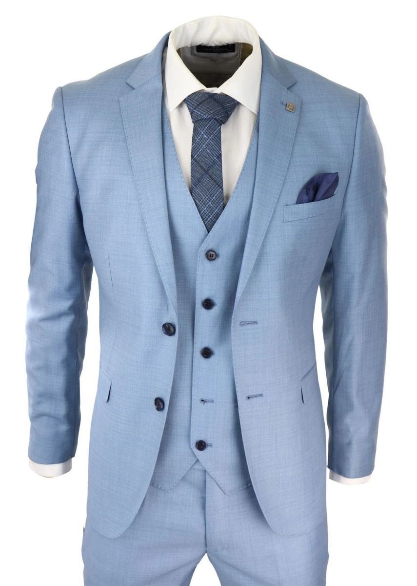 Mens 3 Piece Light Blue Classic Stitch Retro Suit